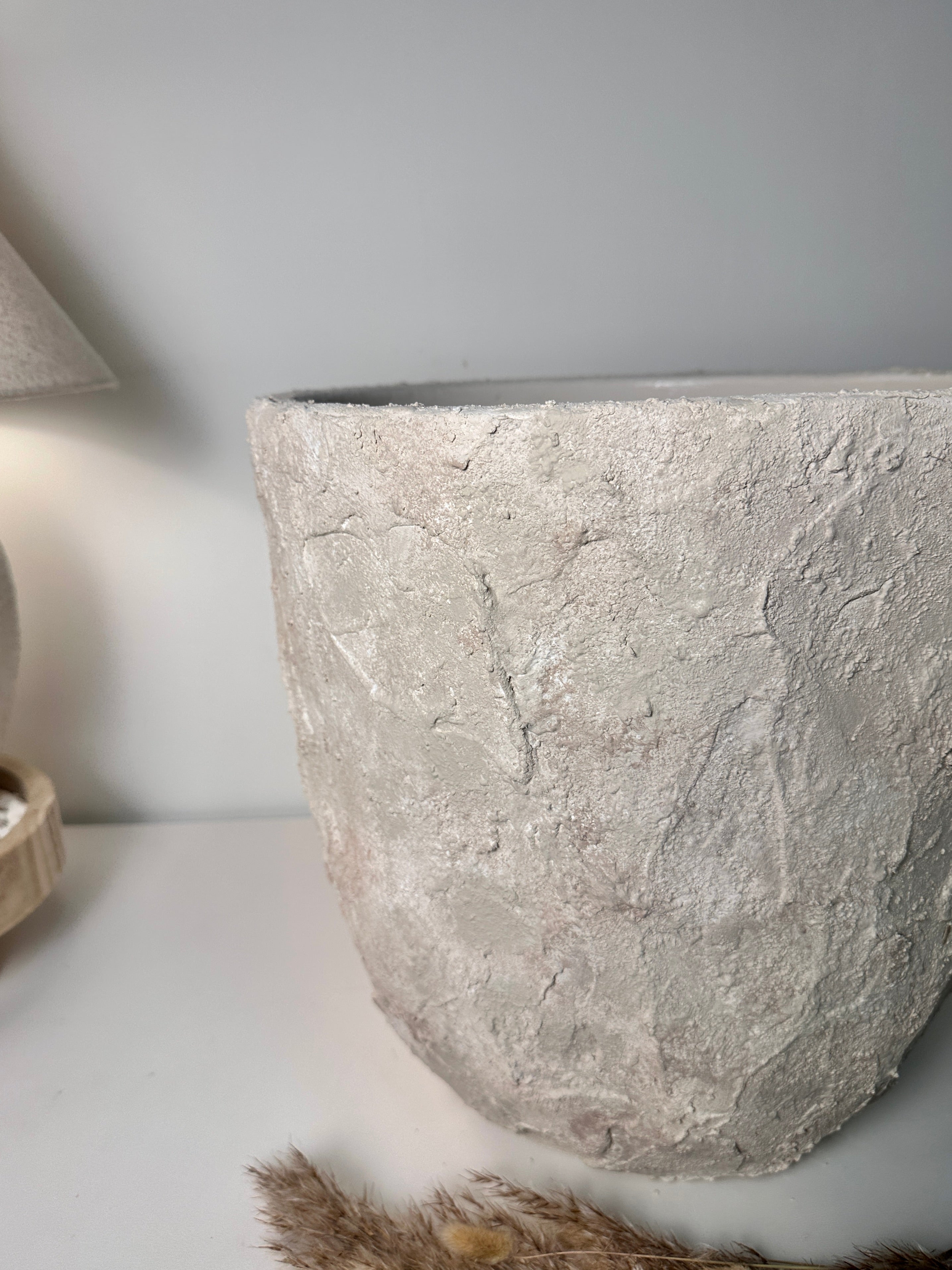Minimalist Hand-Painted & Textured Planter Pot 14" tall with drainage hole one time creation - Cream