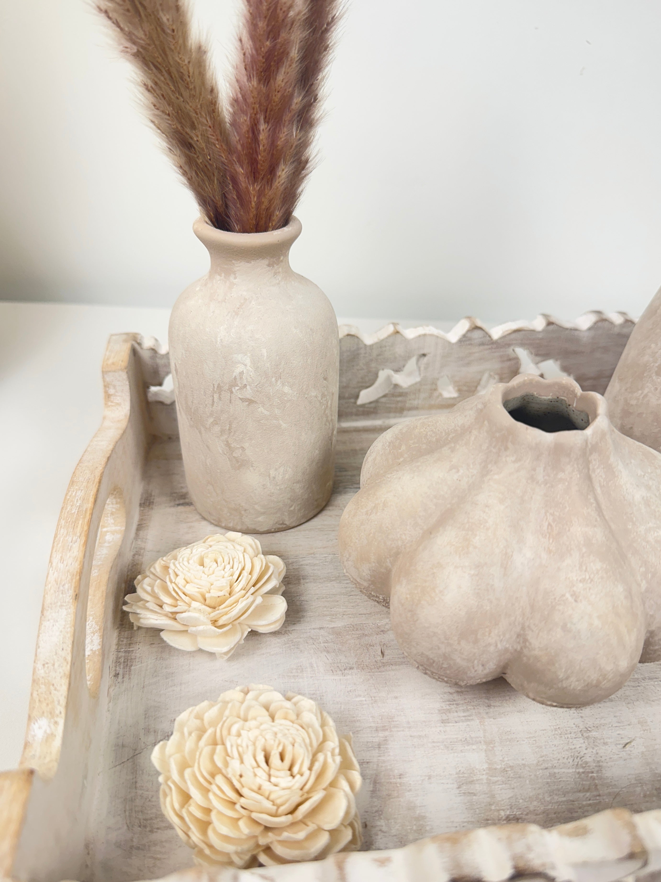 Set of 4 (3 small vases + 1 tray) - Beige and whitewashed