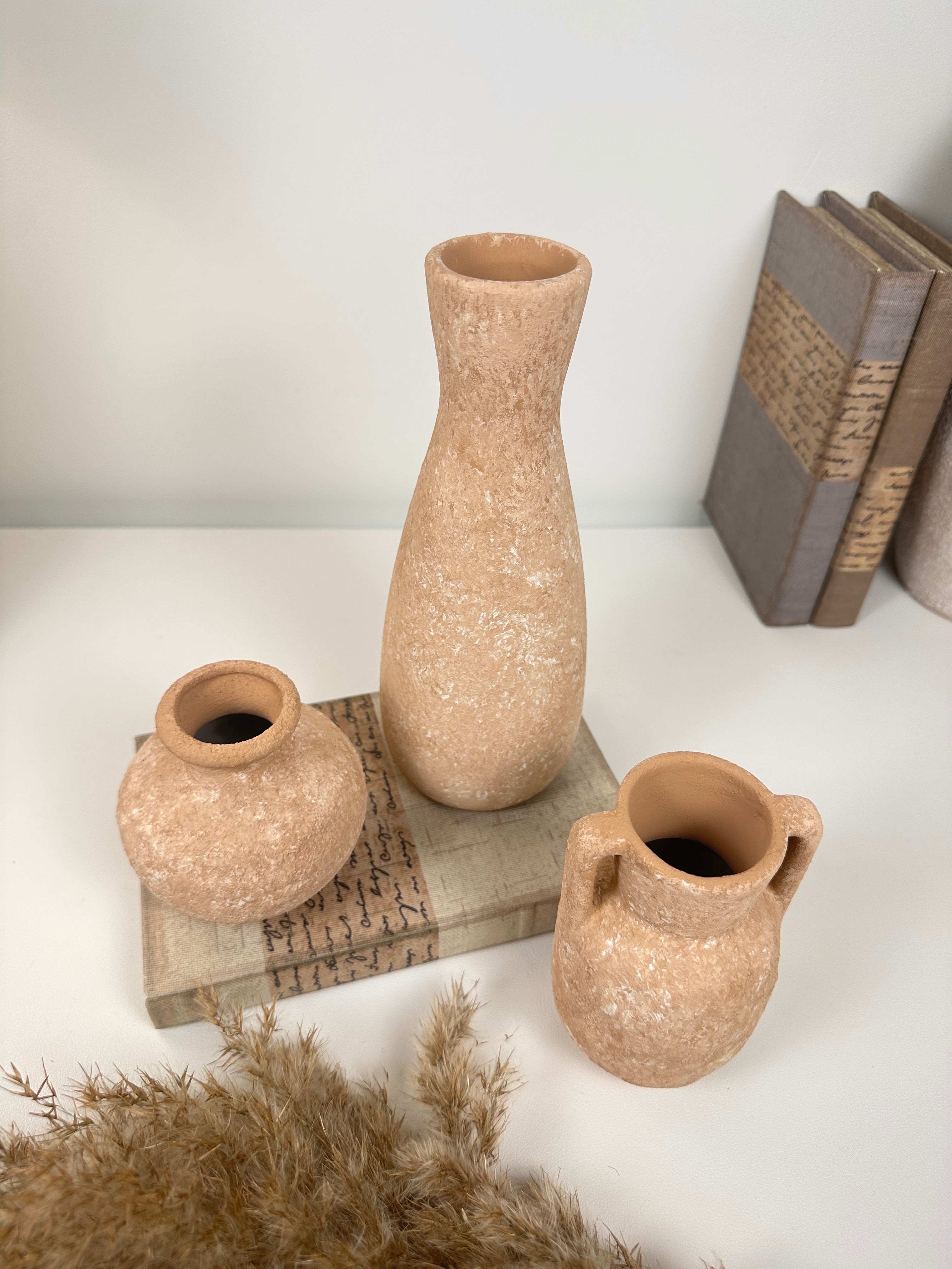 Set of 3 vases ceramic handmade and textured  terracotta color