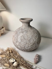 Rustic Hand-Painted Ceramic Round Bottle Vase 11" tall - Beige Wash