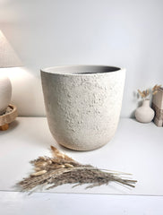 Minimalist Hand-Painted & Textured Planter Pot 14" tall with drainage hole one time creation - Cream