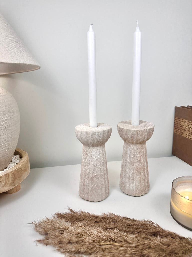 Set of 2 Textured Hand-Painted Candlestick 10" tall - Beige Washed