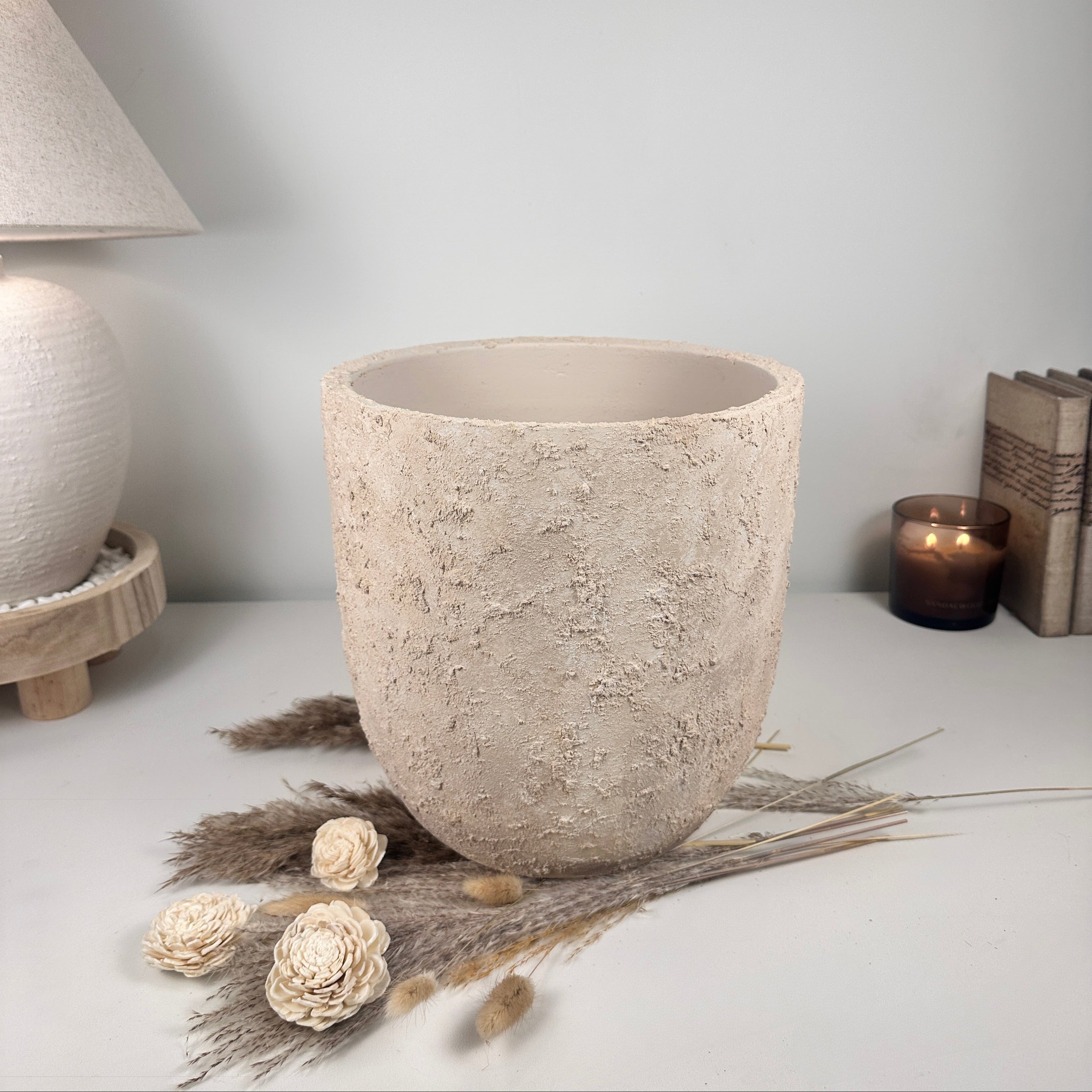 9" tall Minimalist Hand-Painted & Textured Planter Pot with drainage hole - Sand wash