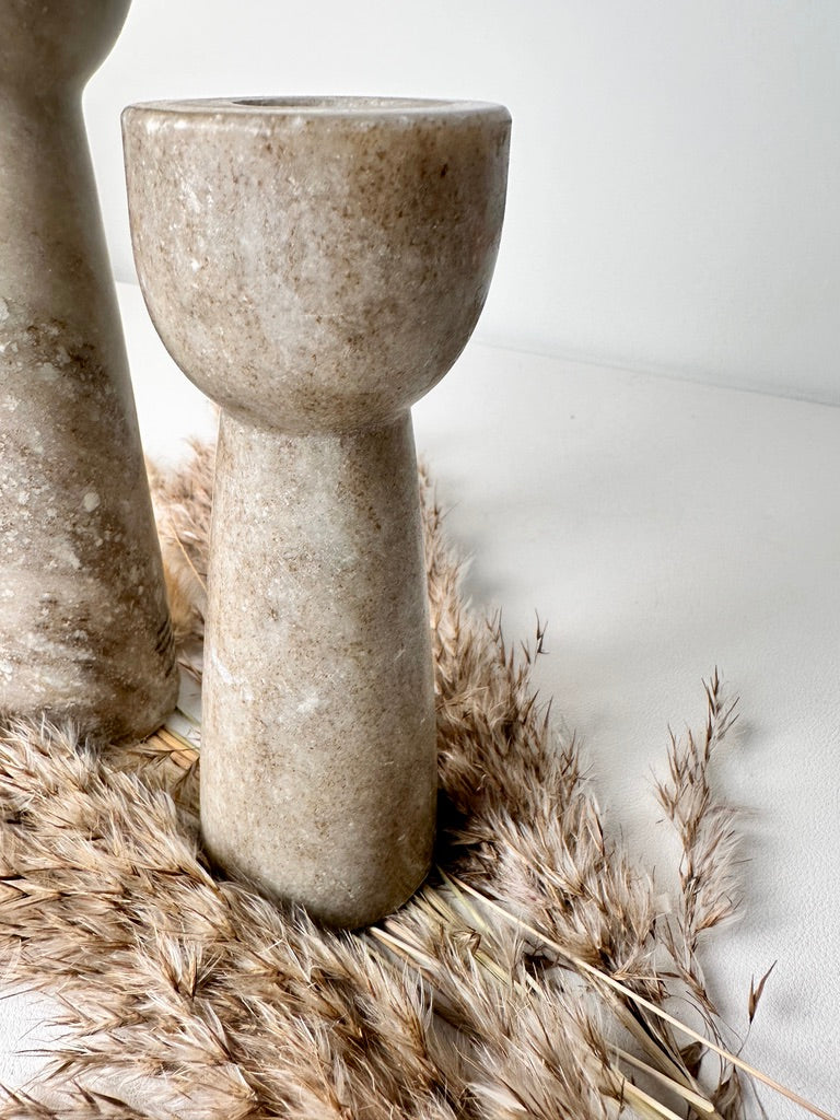 Set of 2 Marble Candle Holders (6x2x2" 8x2x2")  - Beige Brown