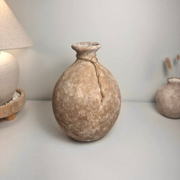 Rustic Hand-Painted Ceramic Round Bottle Vase 15" tall -  Brown Washed