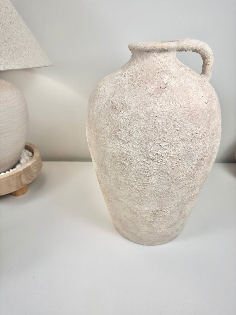 Amphora-inspired Shape Vase With One Handle, Painted And Textured By Hand, Off White/ Cream