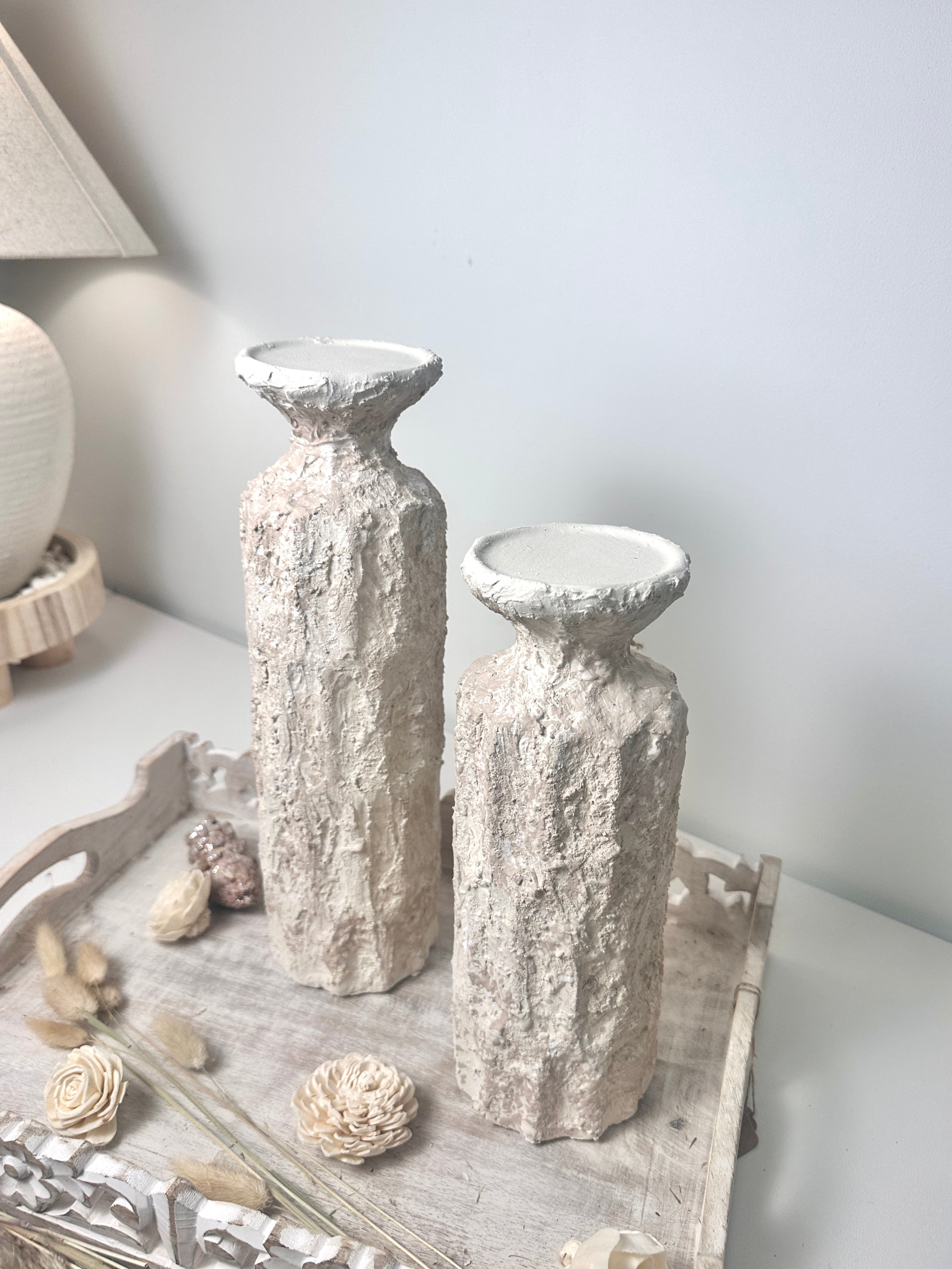 Minimalist Set of 2 Candle Holders Textured Hand-Painted - Cream Sand (10.5x4x4", 13x4x4")