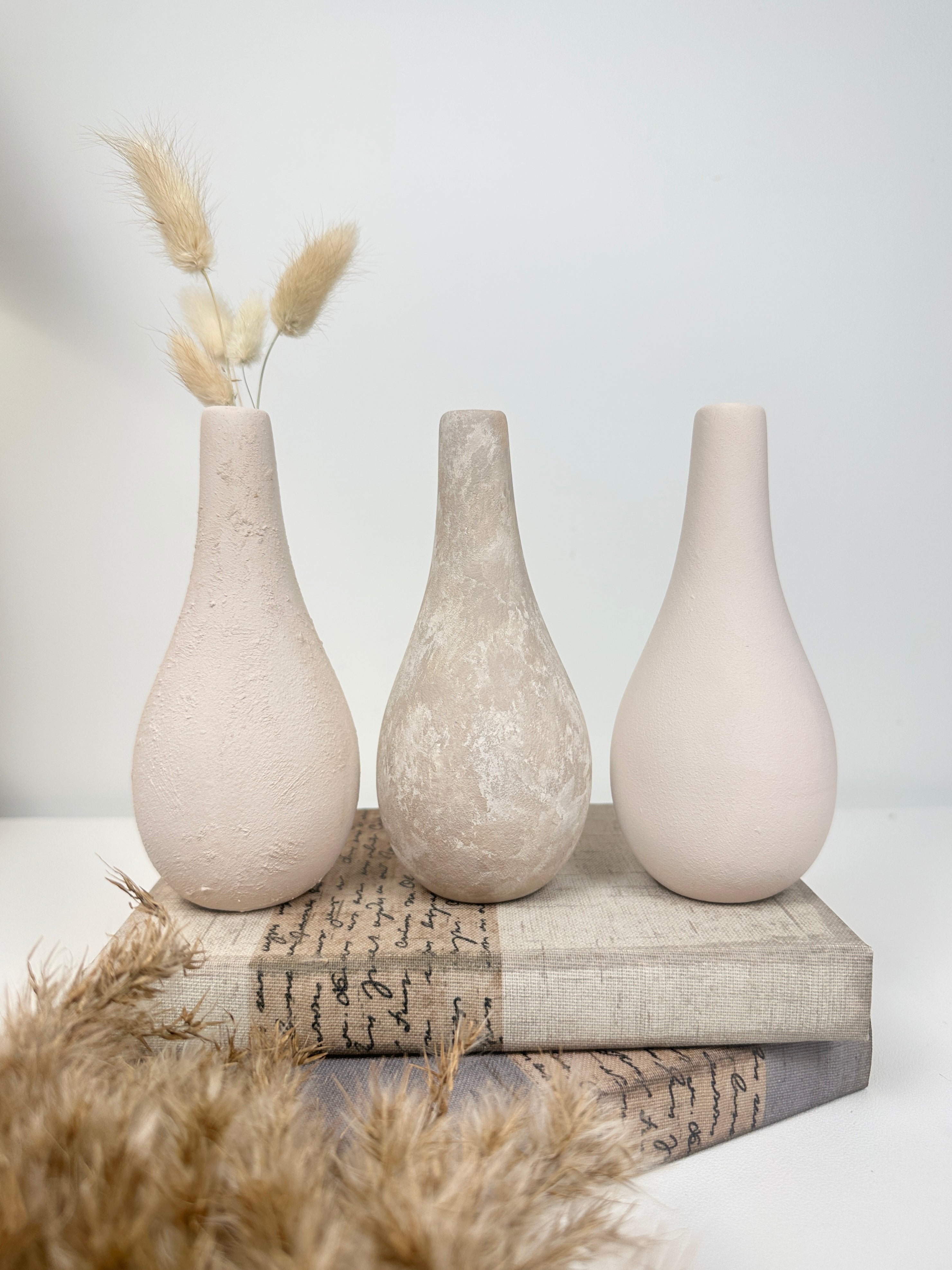 Handcrafted Set of 3 Small Vases 6" tall Cream/ Beige Washed/ Textured Cream