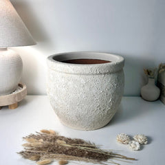 Minimalist Hand-Painted & Textured Planter Pot 12" tall with drainage hole one time creation - Cream wash