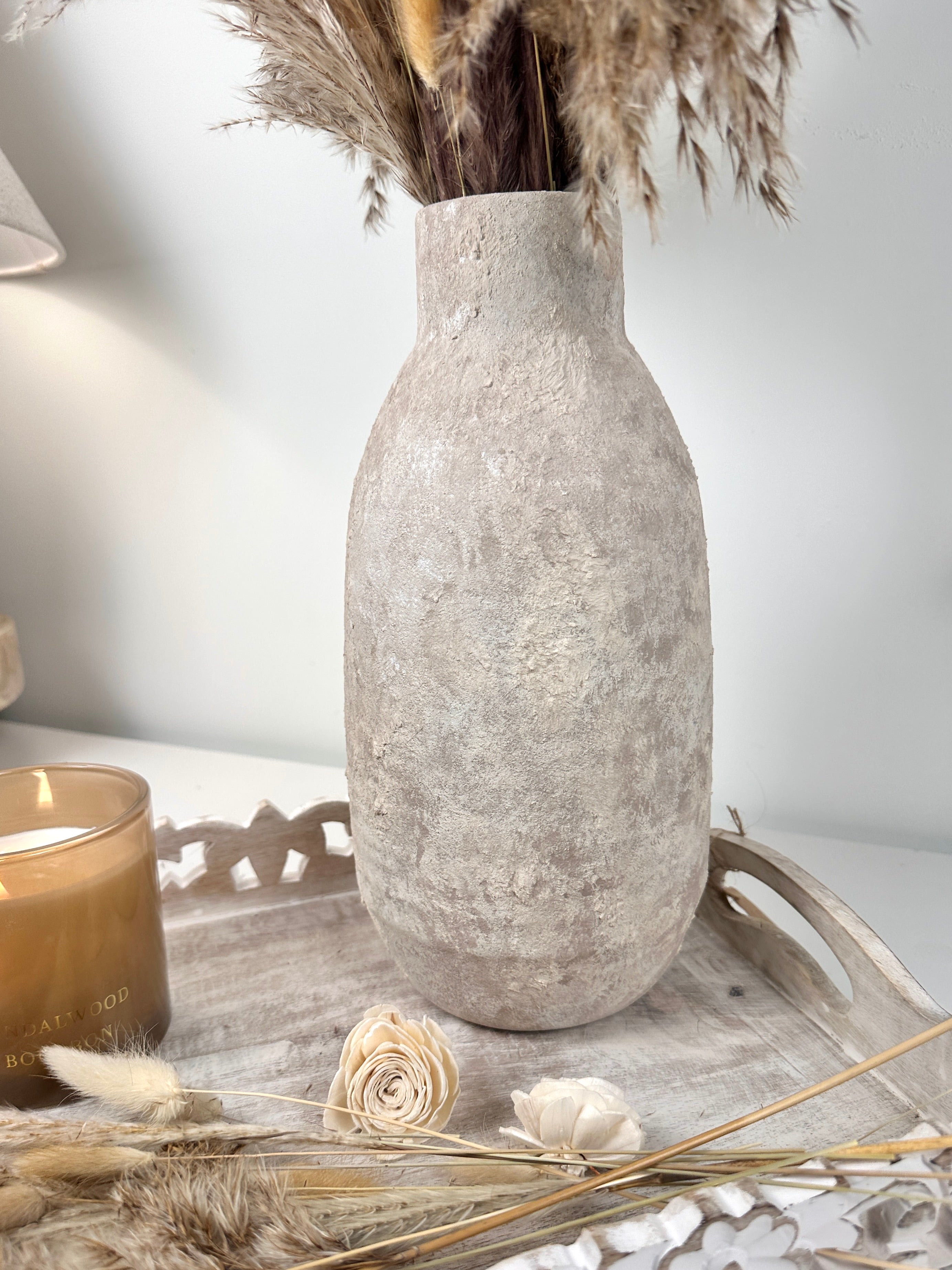 Rustic Hand-Painted/Textured Ceramic Vase 12” tall - beige washed