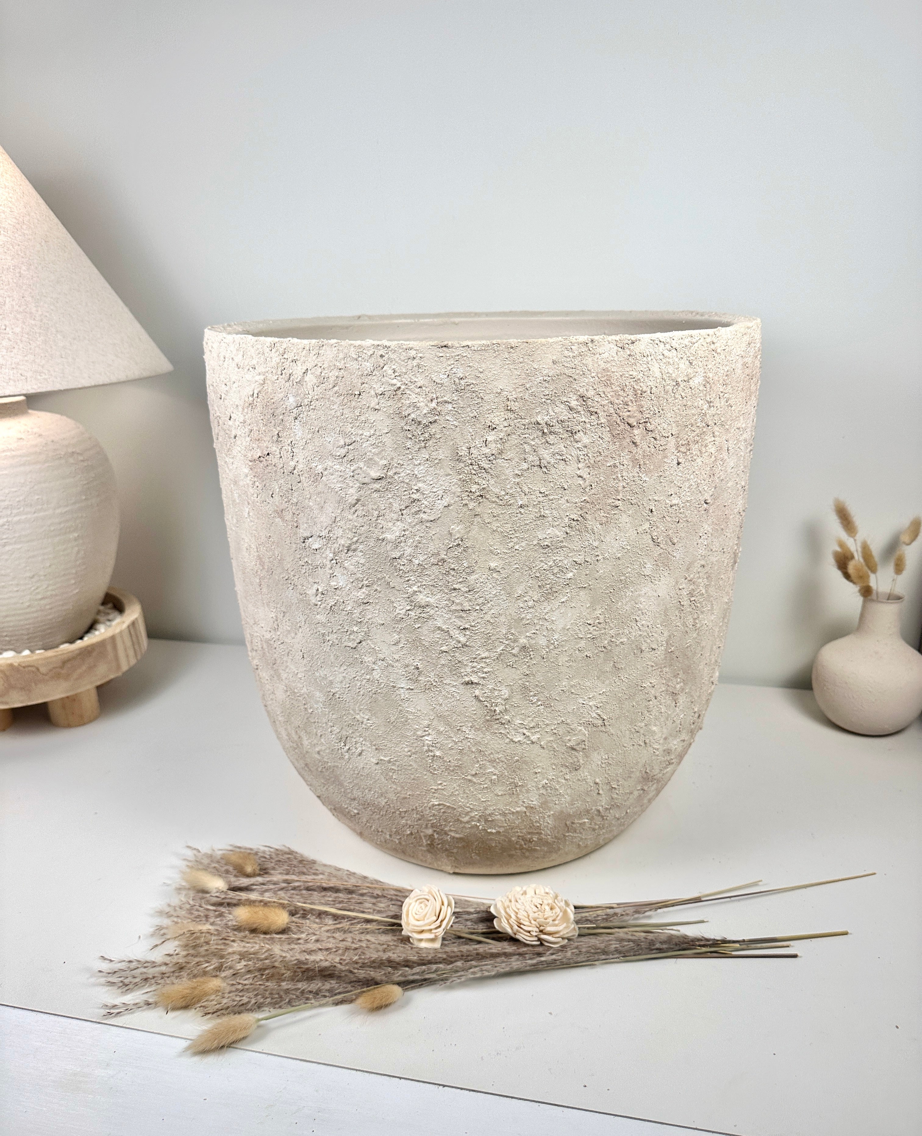 17" tall Minimalist Hand-Painted & Textured Planter Pot with Drainage Hole one time creation - cream sand wash