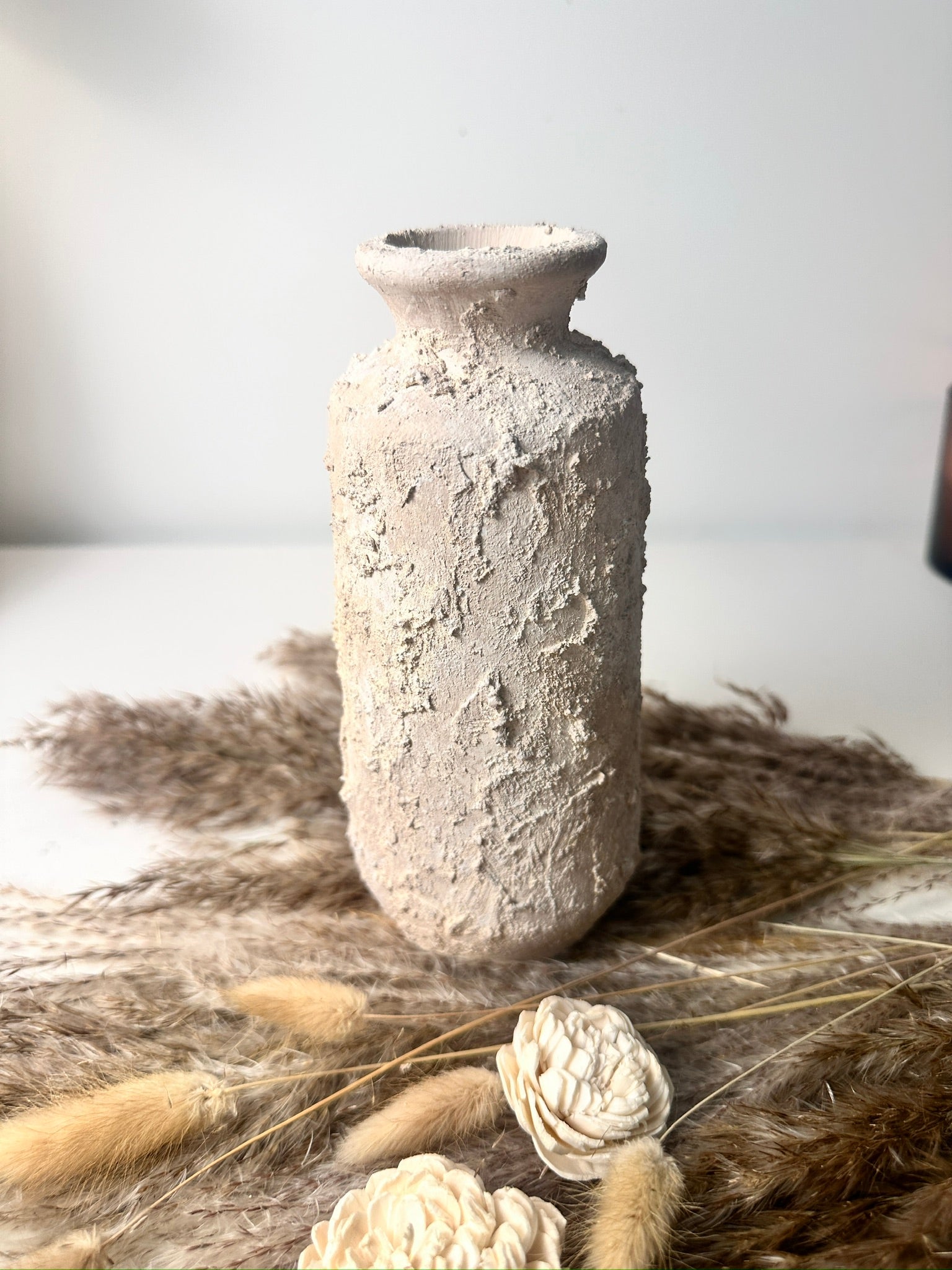 Minimalist rustic hand-painted textured small vase 8“ tall- Cream Sand wash