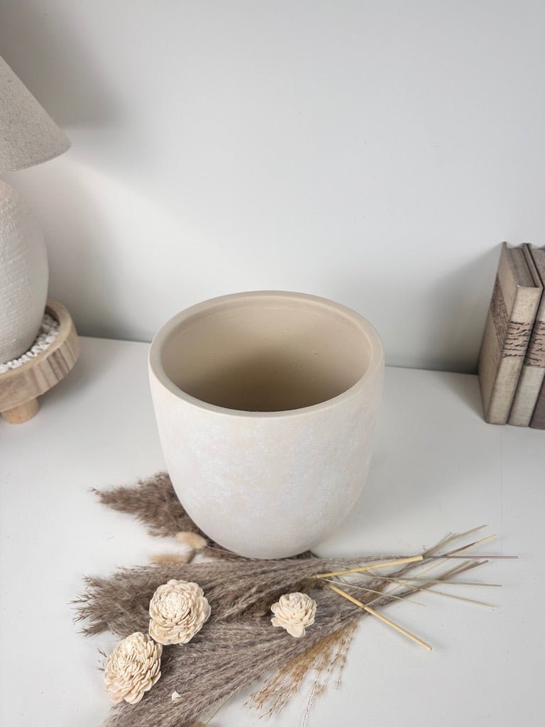 9" tall Minimalist Hand-Painted & Textured Planter Pot with drainage hole - Sand wash