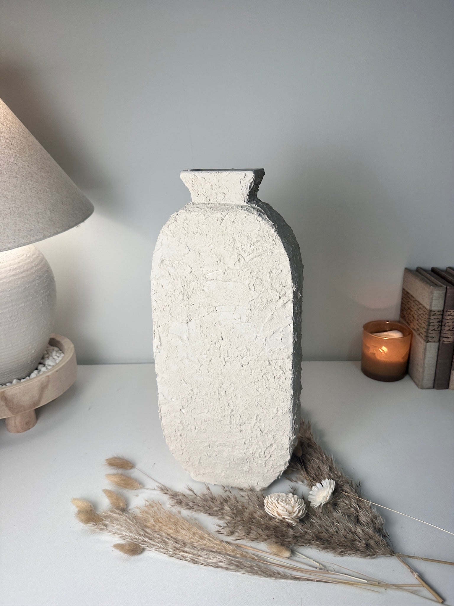 Minimalist Textured Hand-painted Sculpture Floor or Table Vase 17" tall - Cream