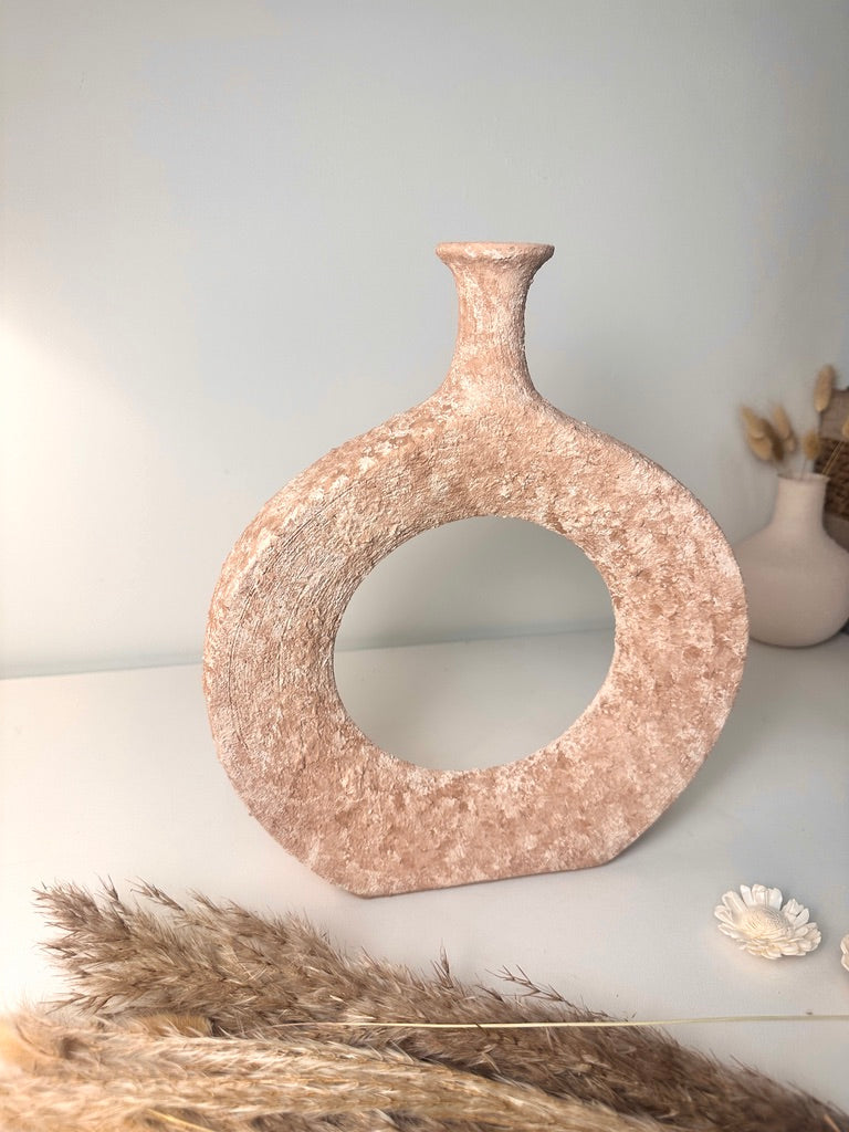 Terracotta Hand-Painted Textured Donut Metal Vase 12" tall