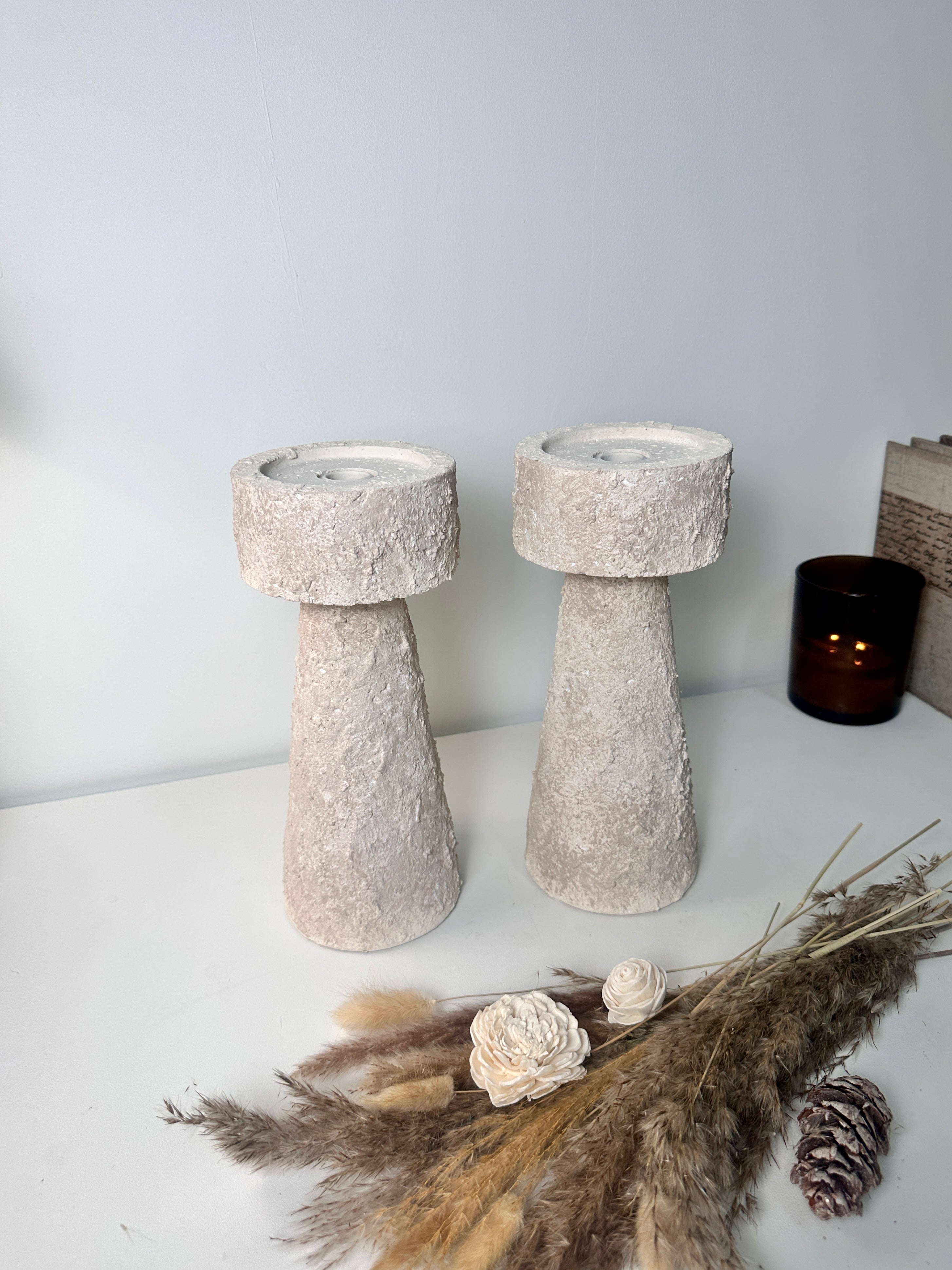 Set of 2 candle holder tray and stick minimalist style 11" tall - Cream wash