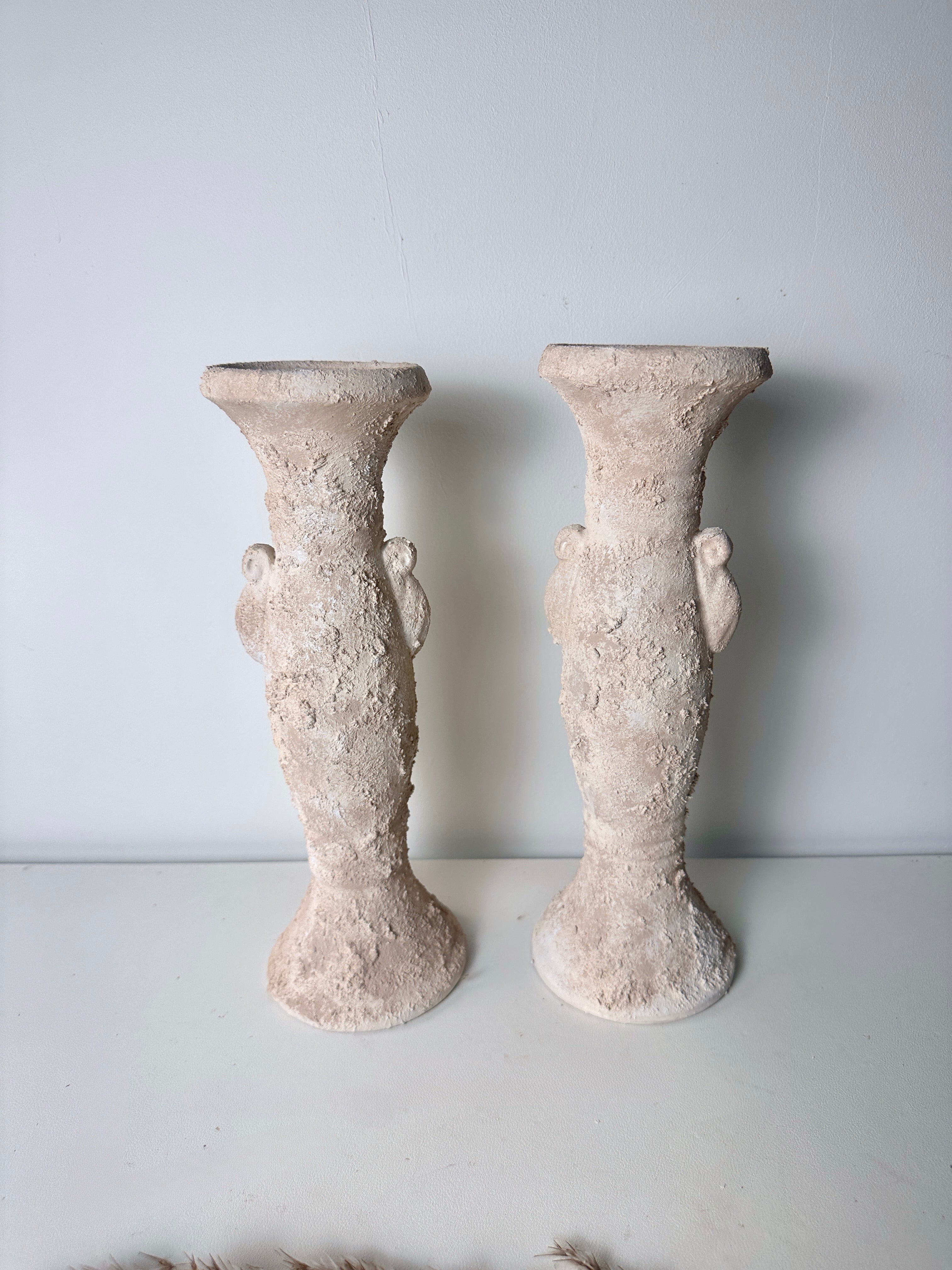 Set of 2 candlestick tray holders hand-painted and textured minimalist roman style 12" tall - Cream Sand wash