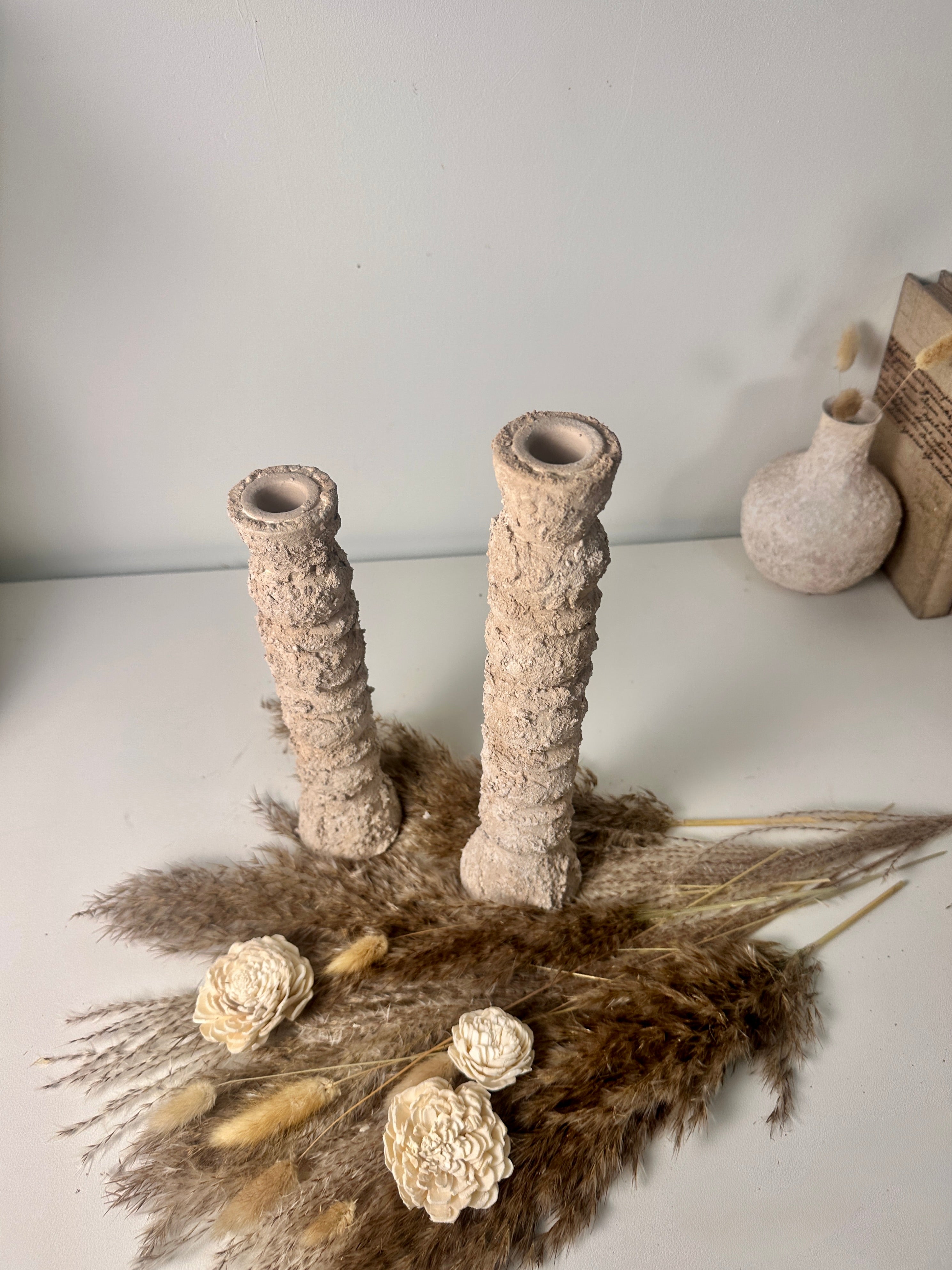 Set of 2 candlestick holders hand-painted and textured minimalist rustic style 12" tall and 10" tall - Tan Beige
