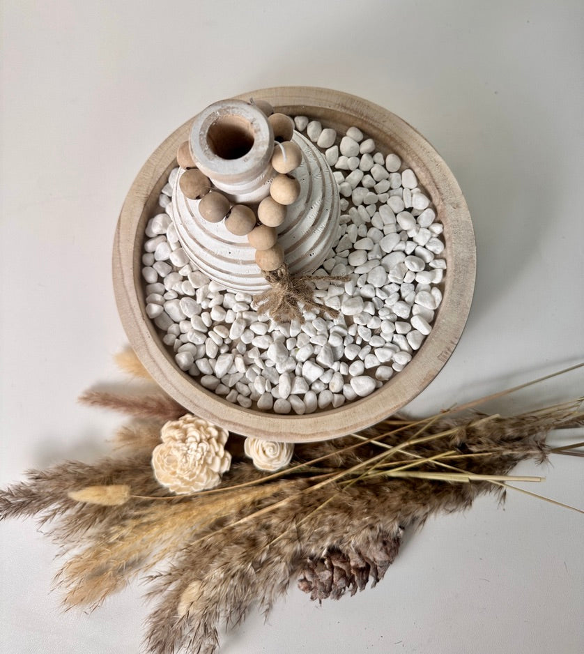 Set of 3 Home Decorative Round Wood Tray, Small Boho Style Vase, White Rocks