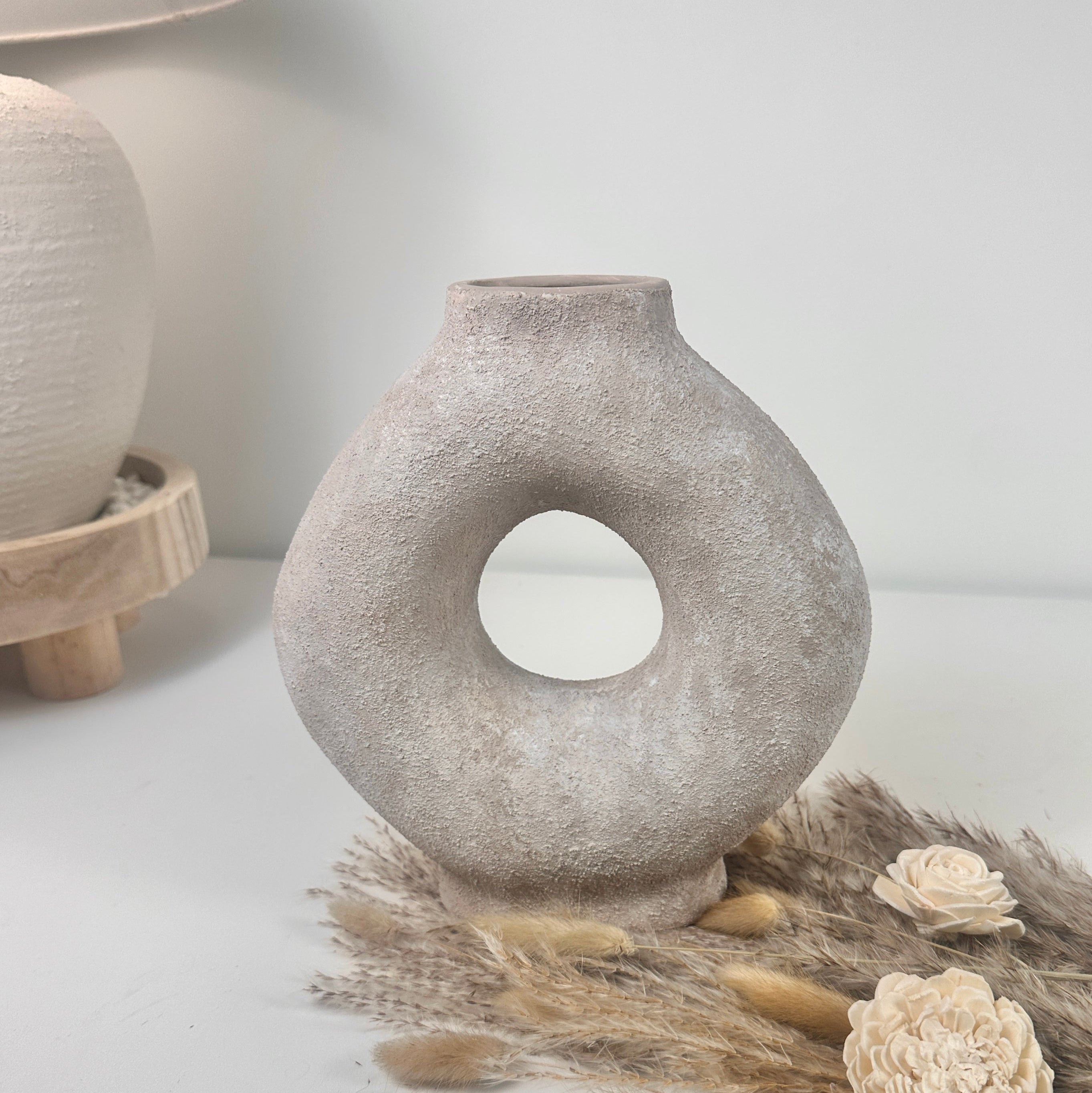 Ceramic Hand-Painted 9.5" tall Vase Donut Shape - Beige wash