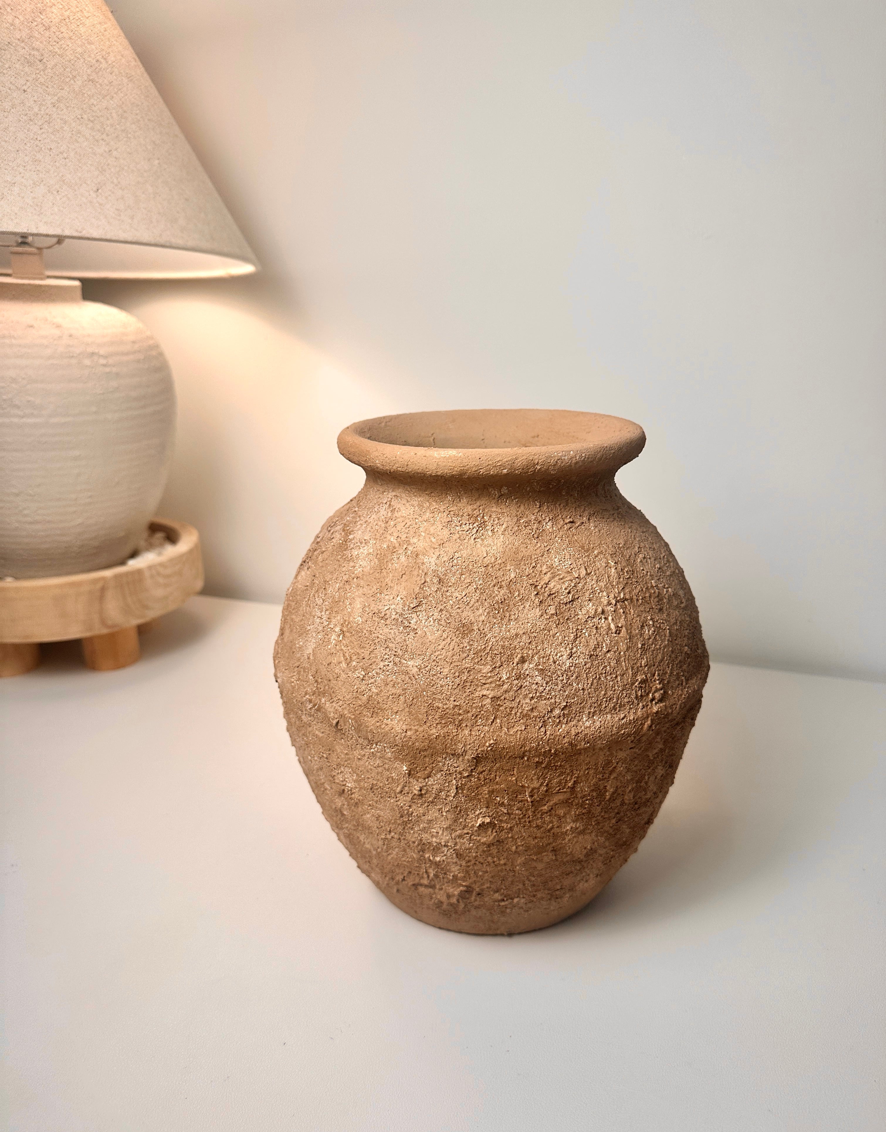 Earth Brown Color Ceramic Vase Painted and Textured By Hand 10.5x9x9"