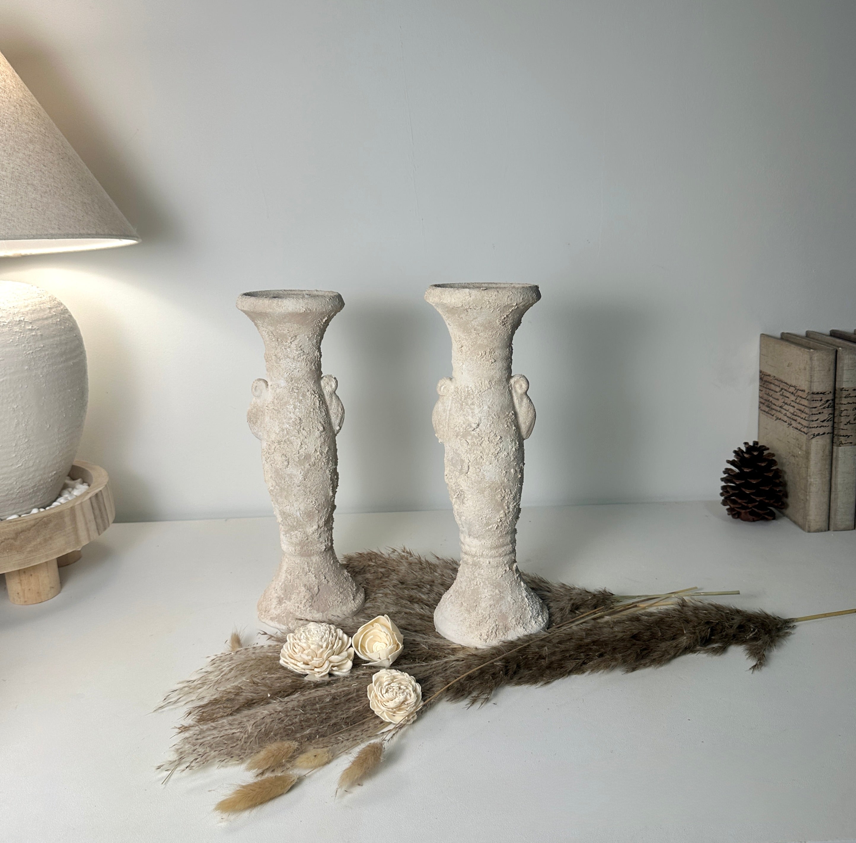 Set of 2 candlestick tray holders hand-painted and textured minimalist roman style 12" tall - Cream Sand wash