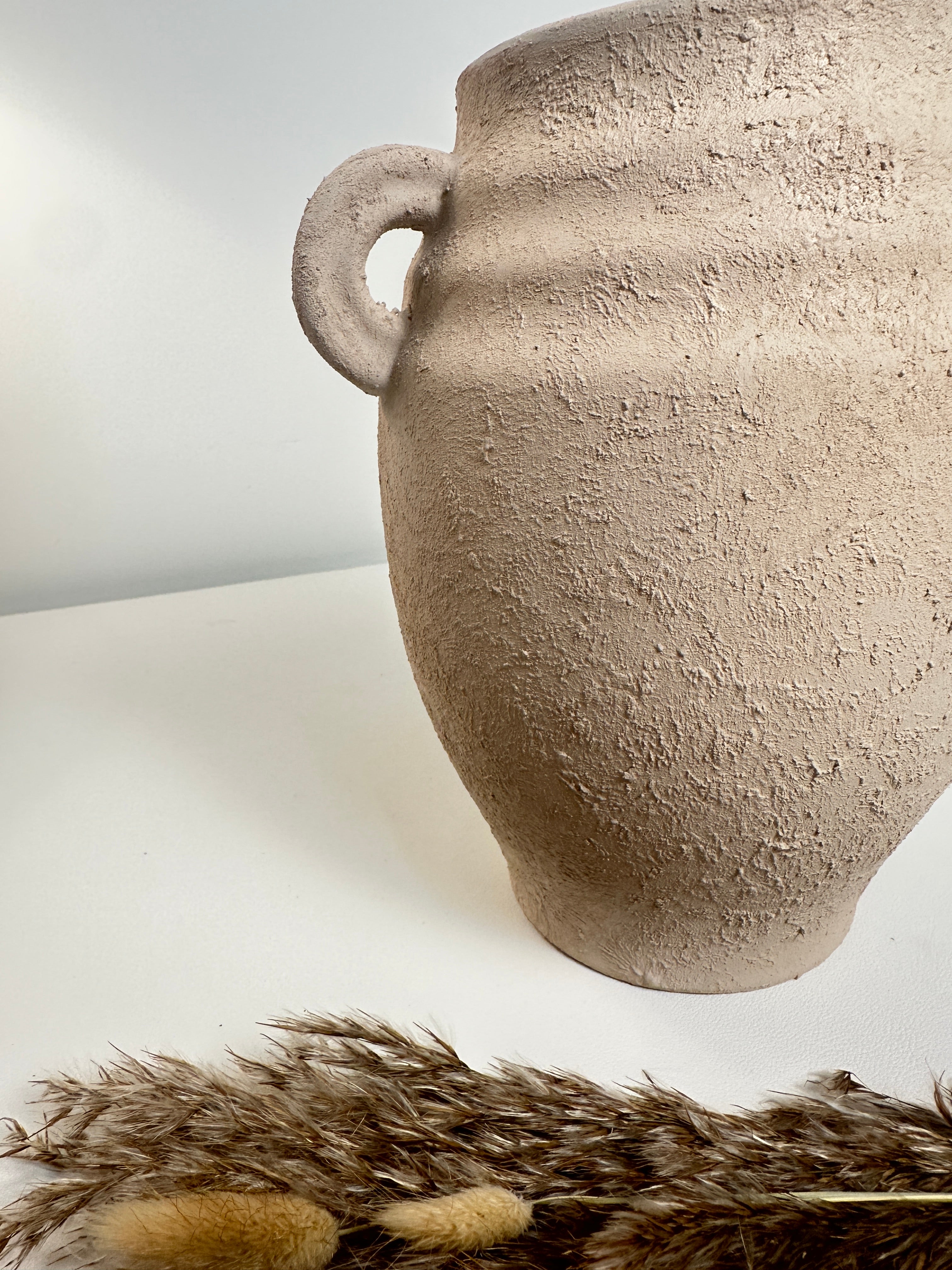 Minimalist Ceramic Textured Vase with 2 handles 9" tall - Tan