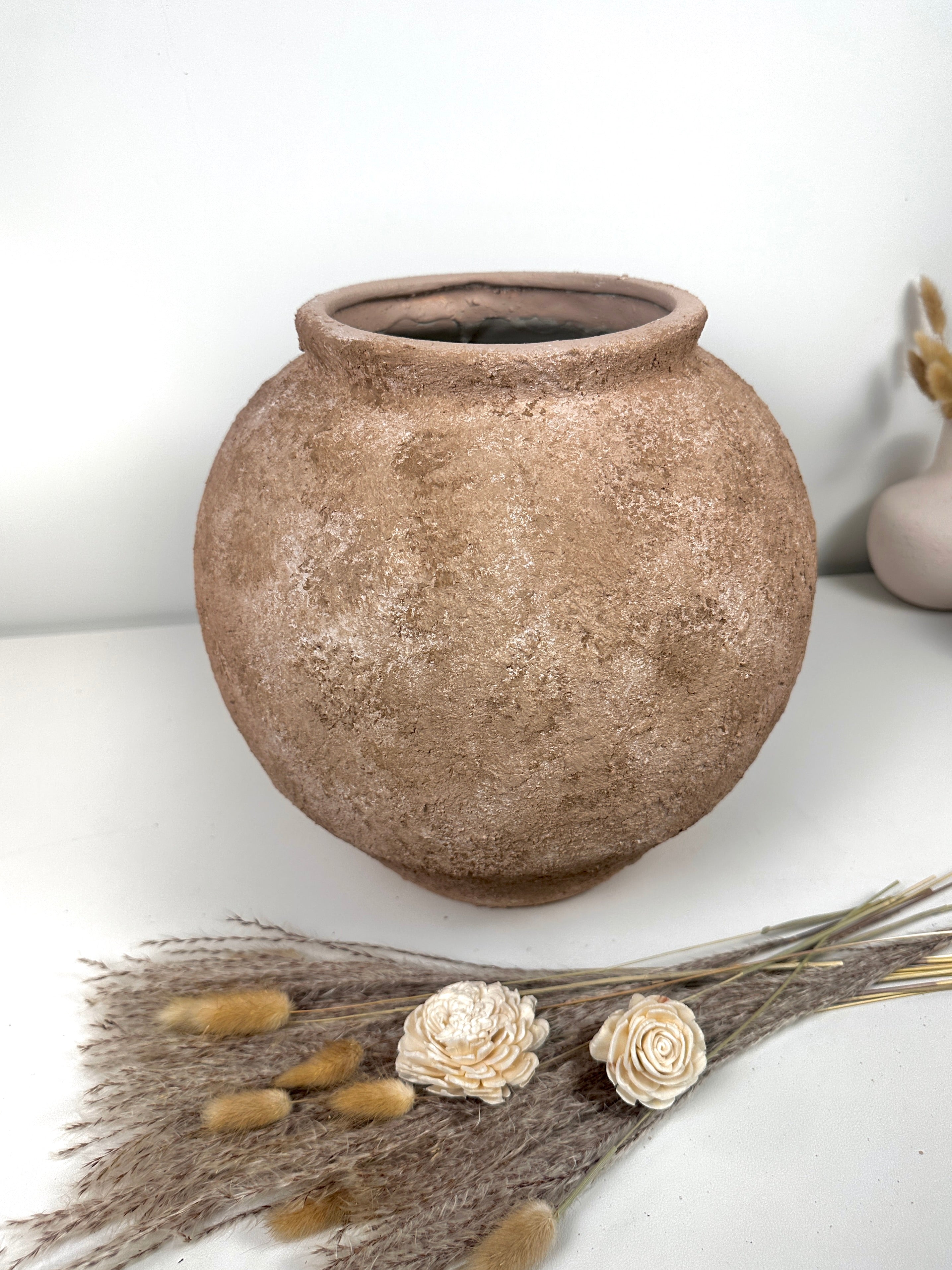 Rustic Textured Hand-Painted Ceramic Round Vase 14.5" - Earth Brown