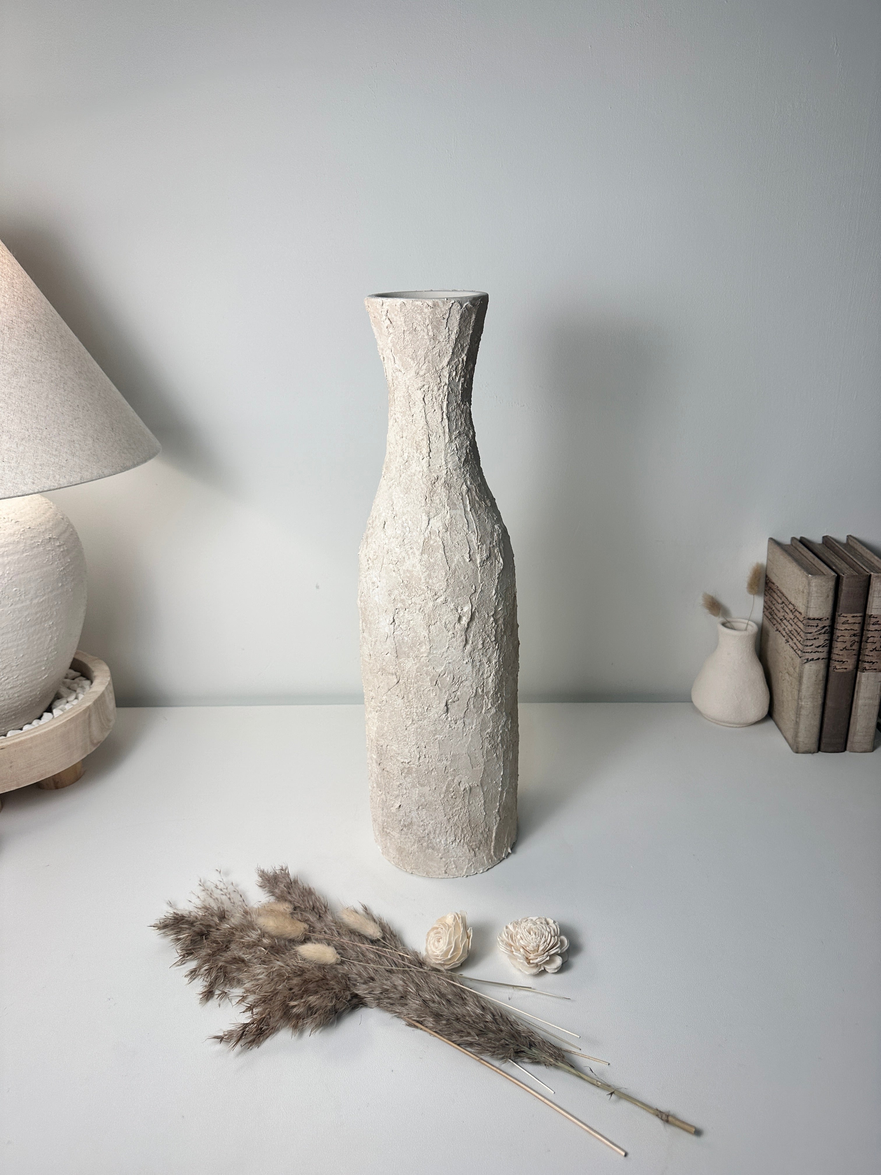 Minimalist Art Piece Floor Vase 19.5" tall - textured and hand-painted - off white