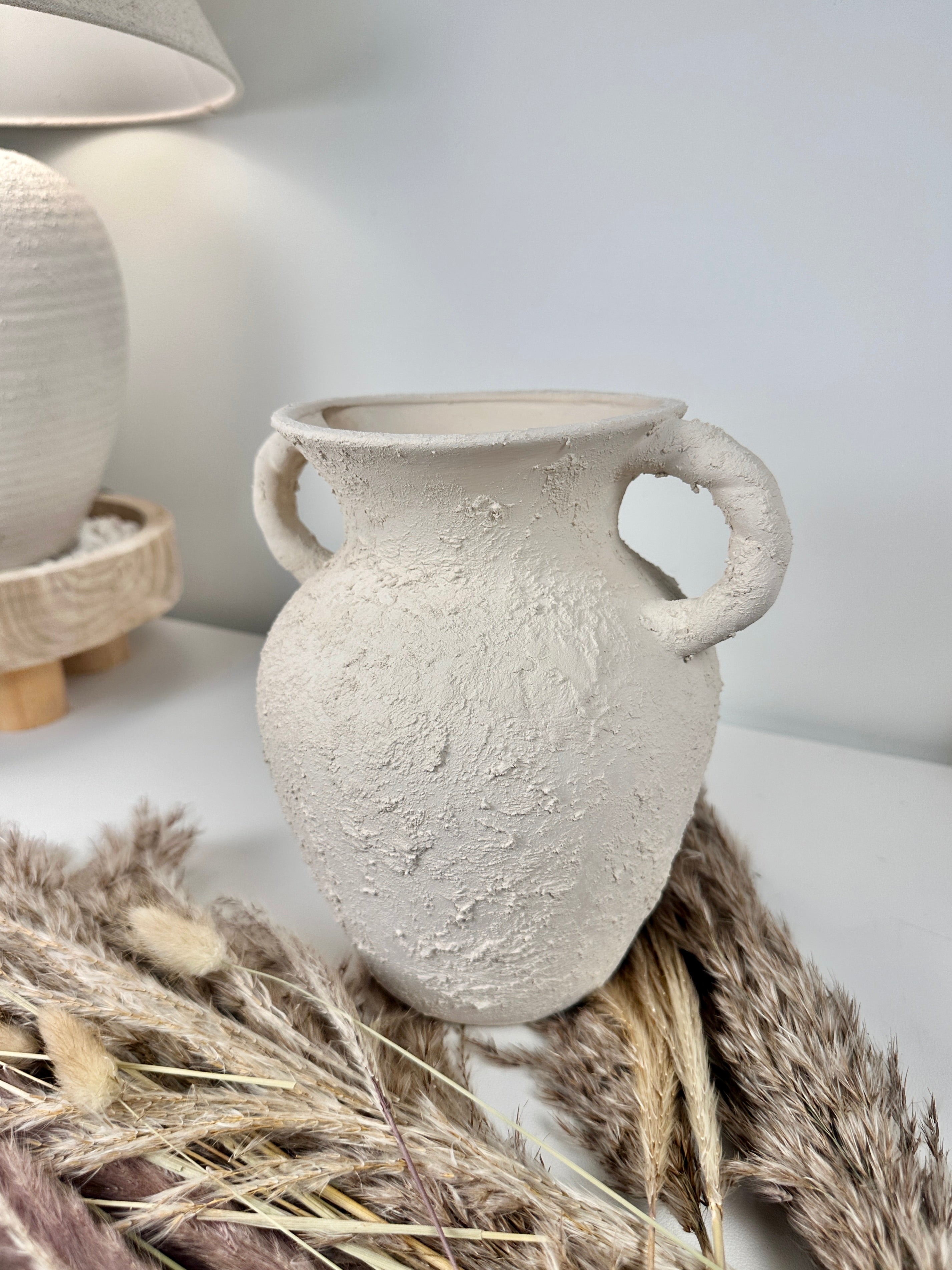 Minimalist Hand-Painted/Textured Ceramic Vase with 2 handles - 9" tall - Cream
