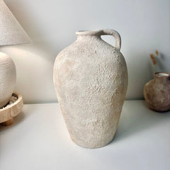 Amphora-inspired Shape Vase With One Handle, Painted And Textured By Hand, Off White/ Cream