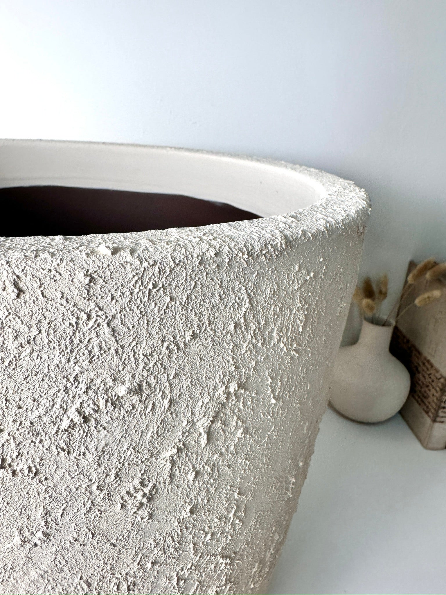 Minimalist Hand-Painted & Textured Planter Pot 14" tall with drainage hole one time creation - Cream
