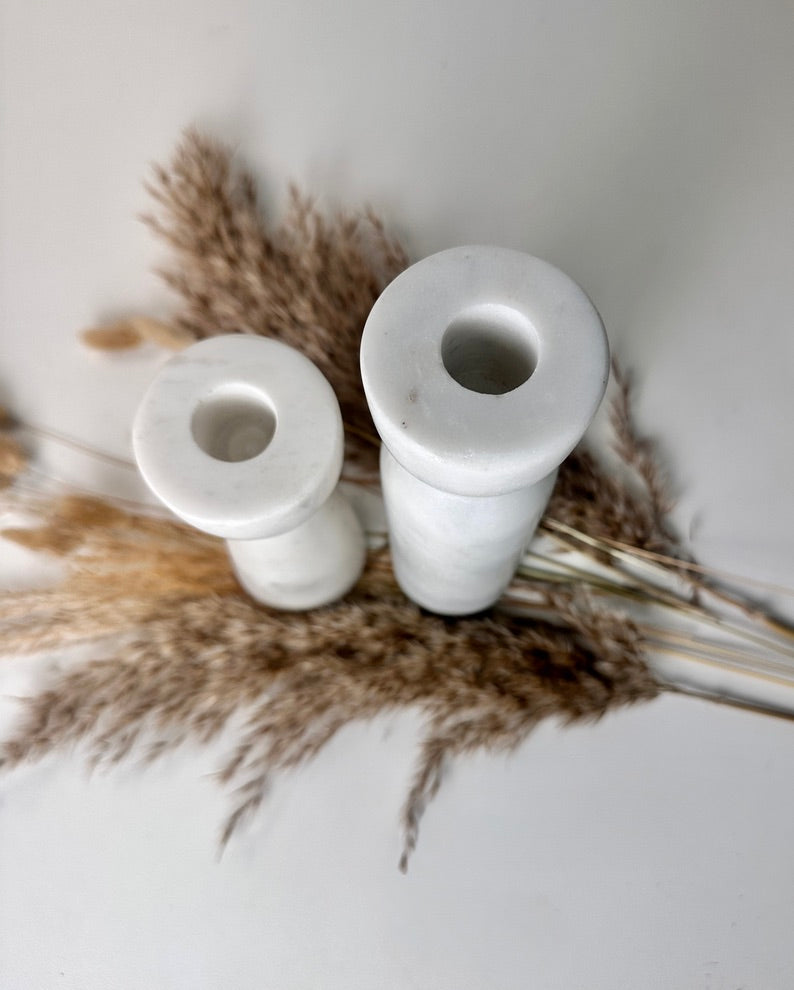 Set of 2 Marble Candle Holders (6x2x2" 8x2x2")  - White