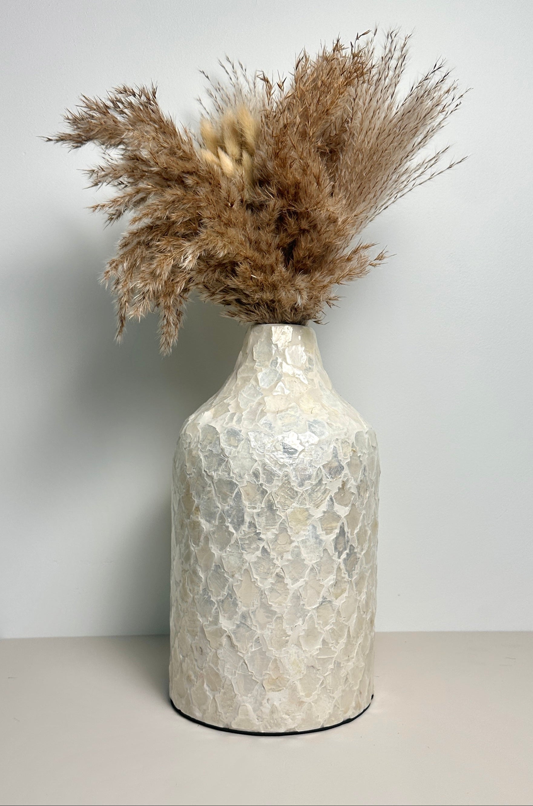 Modern Mosaic Pearl White Decorative Vase, Textured Glass Design, 12.5"