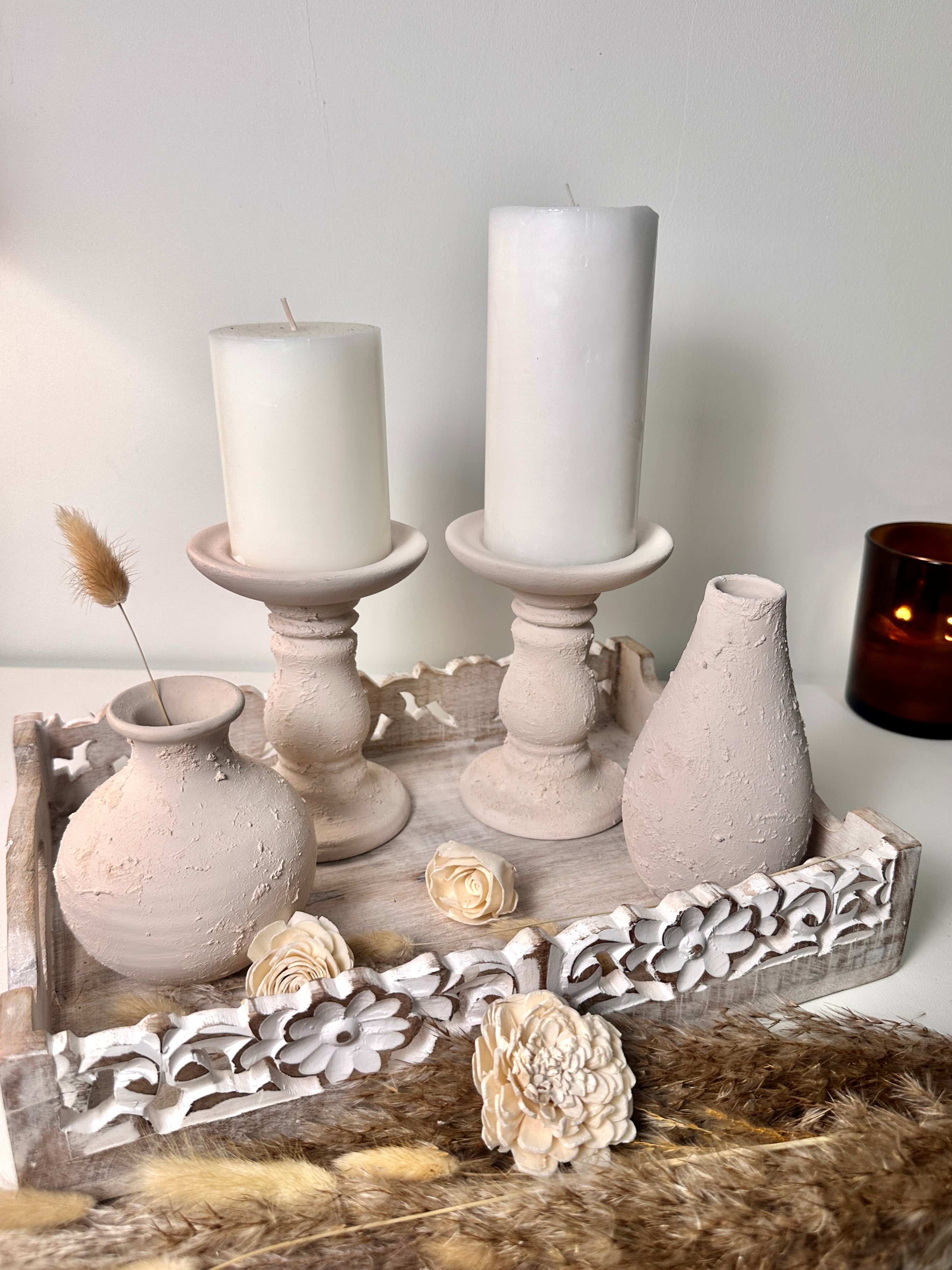 Set of 4 pieces Minimalist Candle Holders with 2 Small Vases - Cream Blush