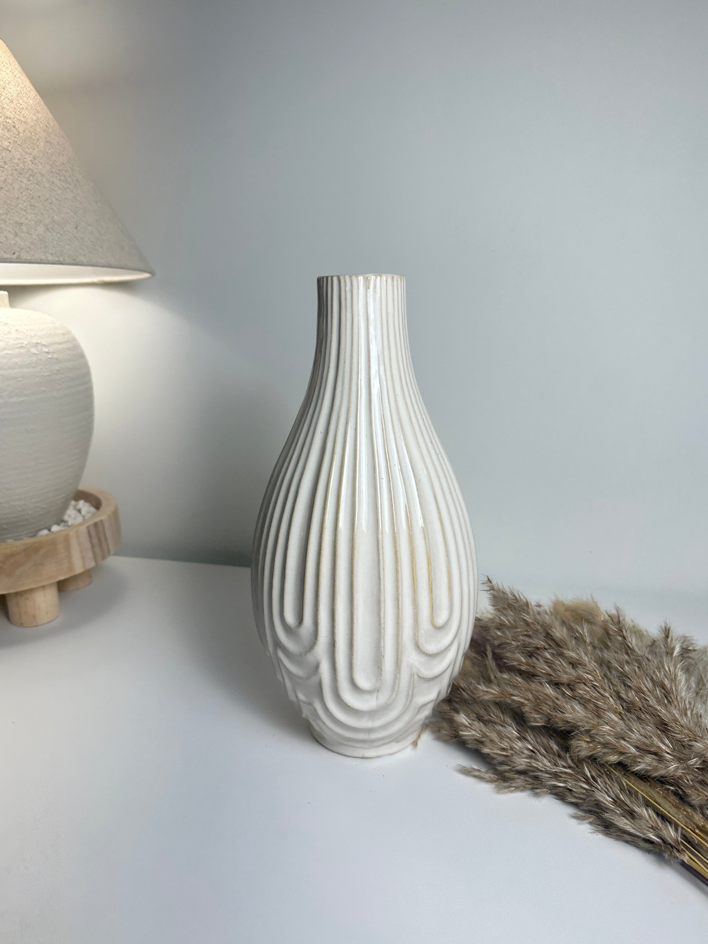 Contemporary Ceramic Ribbed Arc Vase 14"- White