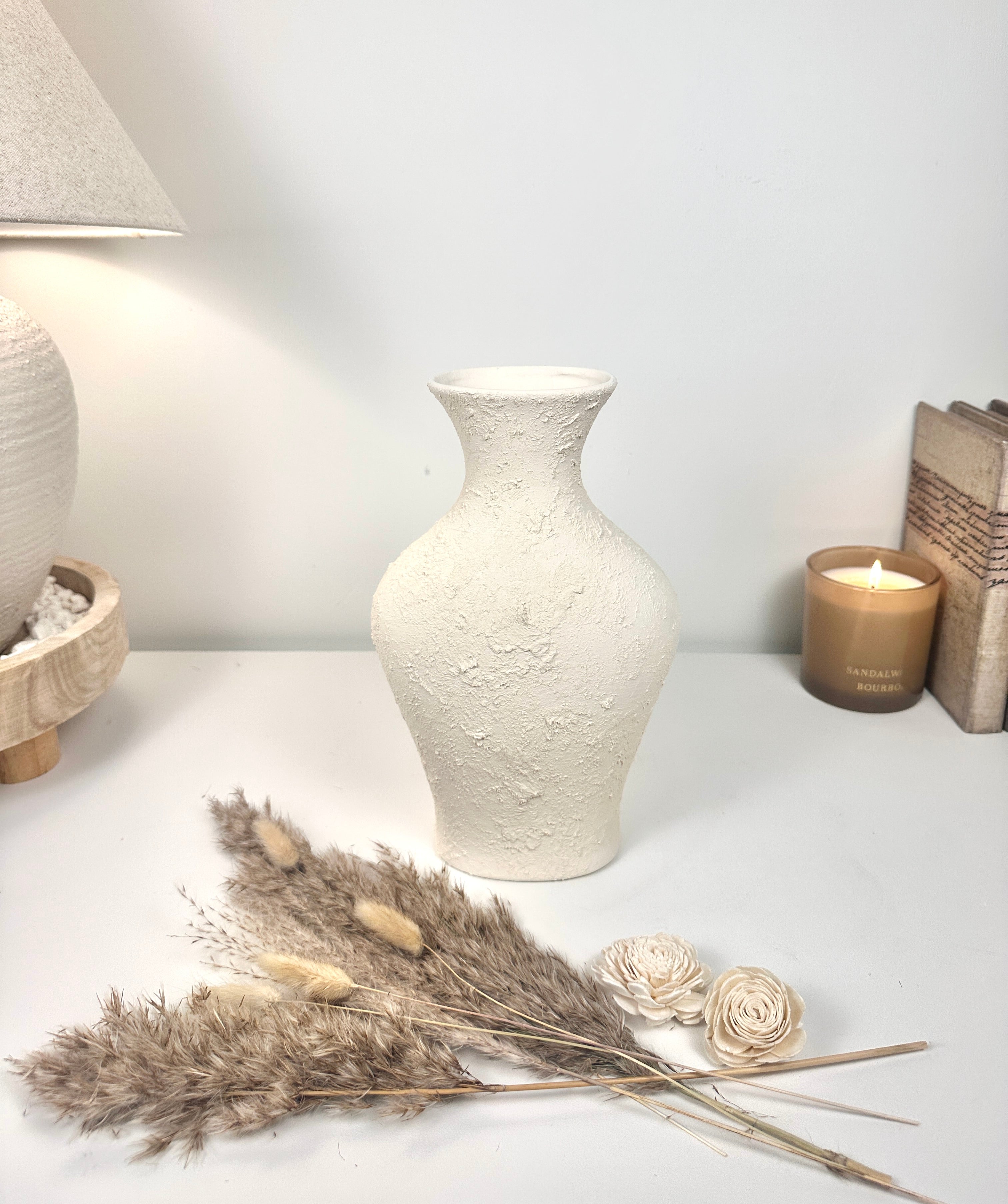 Minimalist Textured Hand-painted Ceramic Vase 11" tall  - Off-White