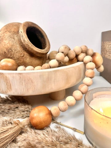Set of 3 Decorative Accent Boho Mediterranean Style, Organic and Rustic Centerpiece Setting (Vase, Paulownia Tray and Natural Wood Bead Garland)