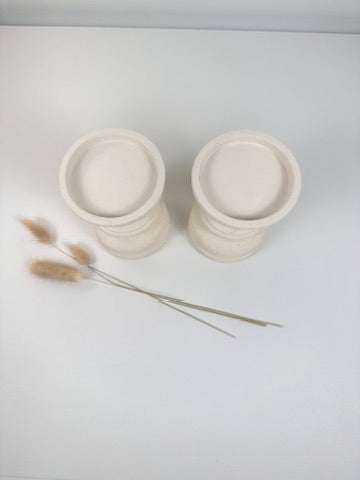 Set of 2 Candle Holders Minimalist Style Hand-Painted and Textured Wood 6" tall each - Cream White