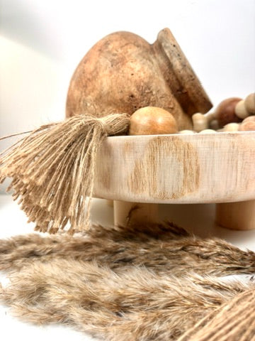 Set of 3 Decorative Accent Boho Mediterranean Style, Organic and Rustic Centerpiece Setting (Vase, Paulownia Tray and Natural Wood Bead Garland)