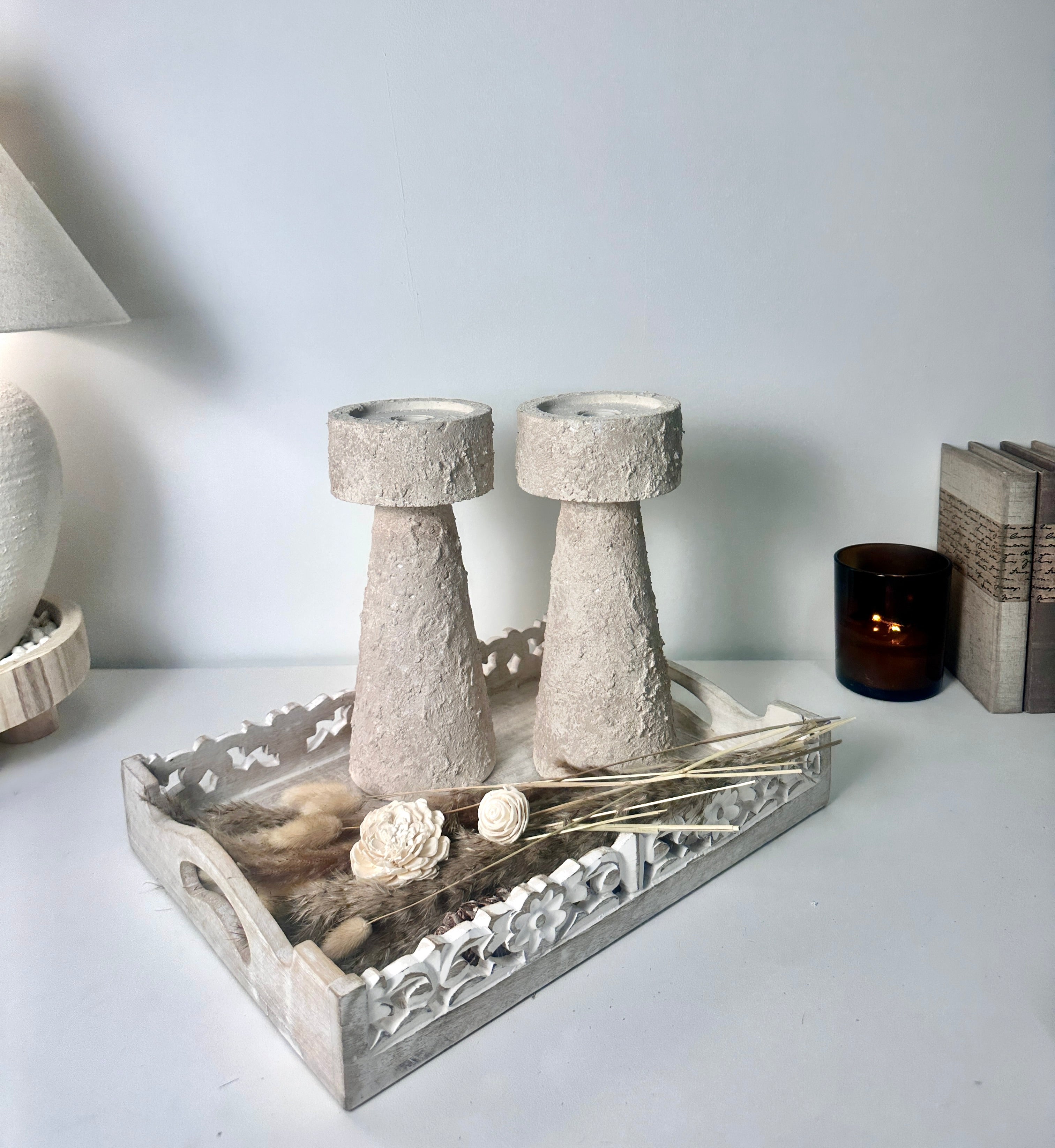 Set of 2 candle holder tray and stick minimalist style 11" tall - Cream wash