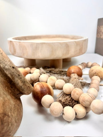 Set of 3 Decorative Accent Boho Mediterranean Style, Organic and Rustic Centerpiece Setting (Vase, Paulownia Tray and Natural Wood Bead Garland)