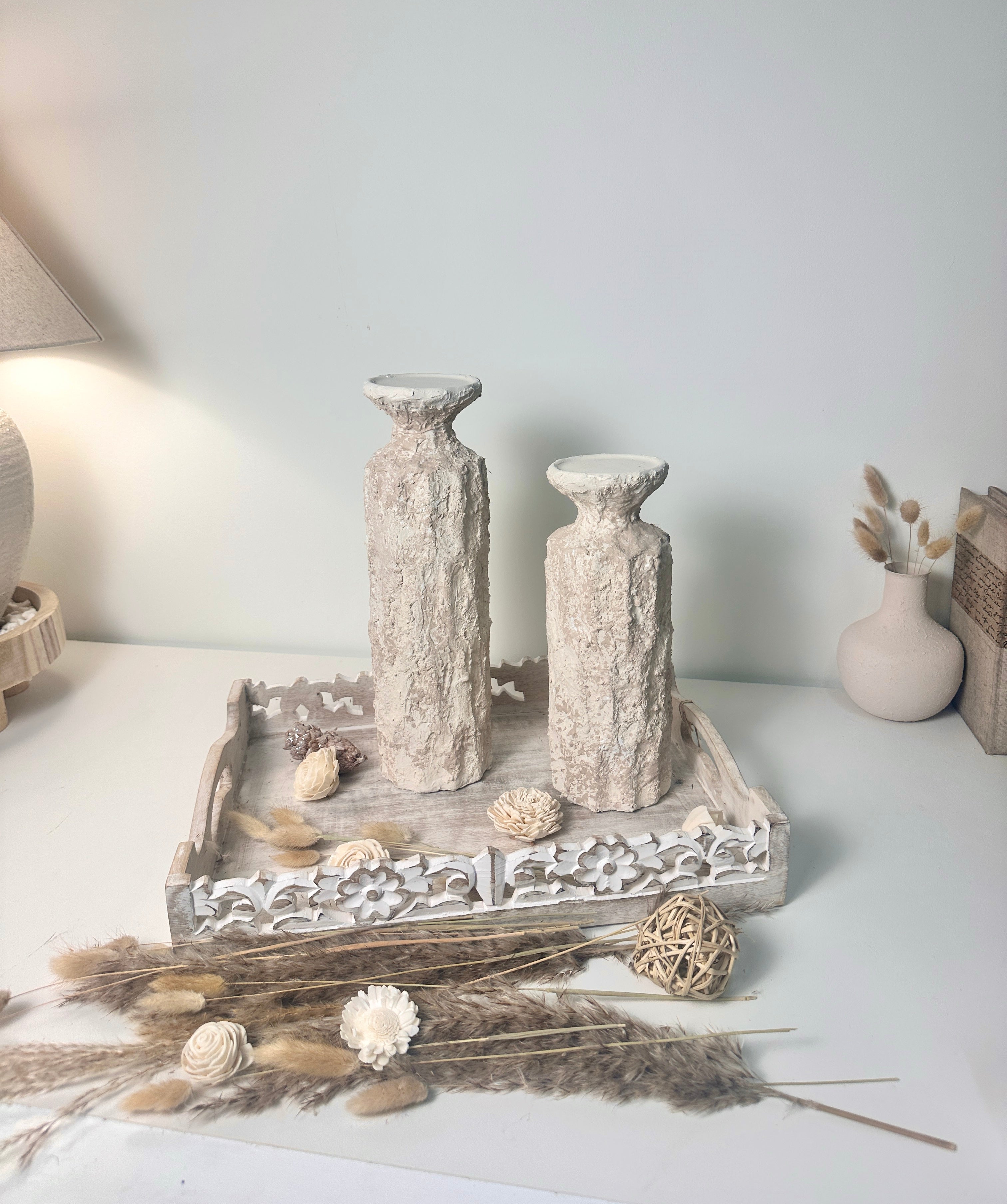 Minimalist Set of 2 Candle Holders Textured Hand-Painted - Cream Sand (10.5x4x4", 13x4x4")