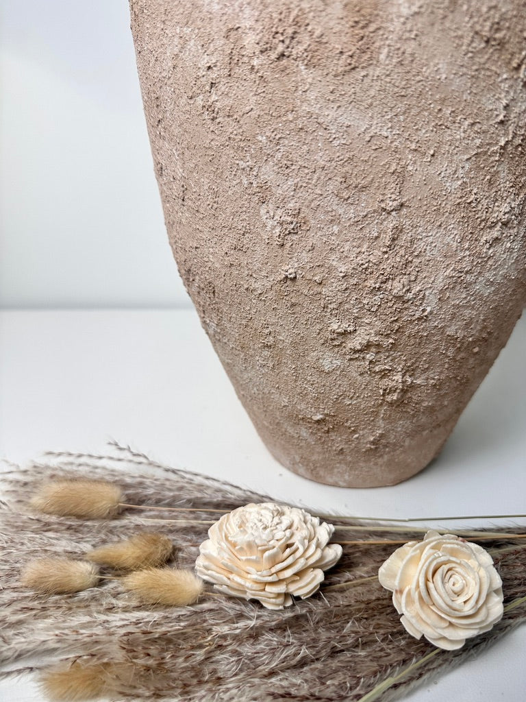 Rustic Minimalist Textured Hand-Painted Ceramic Vase 12" - Light Beige Wash
