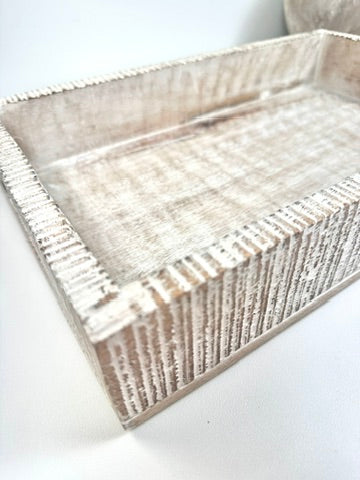 Boho Handmade Serving Wooden Tray Whitewash Finish with Stripes 12x10x2.5”