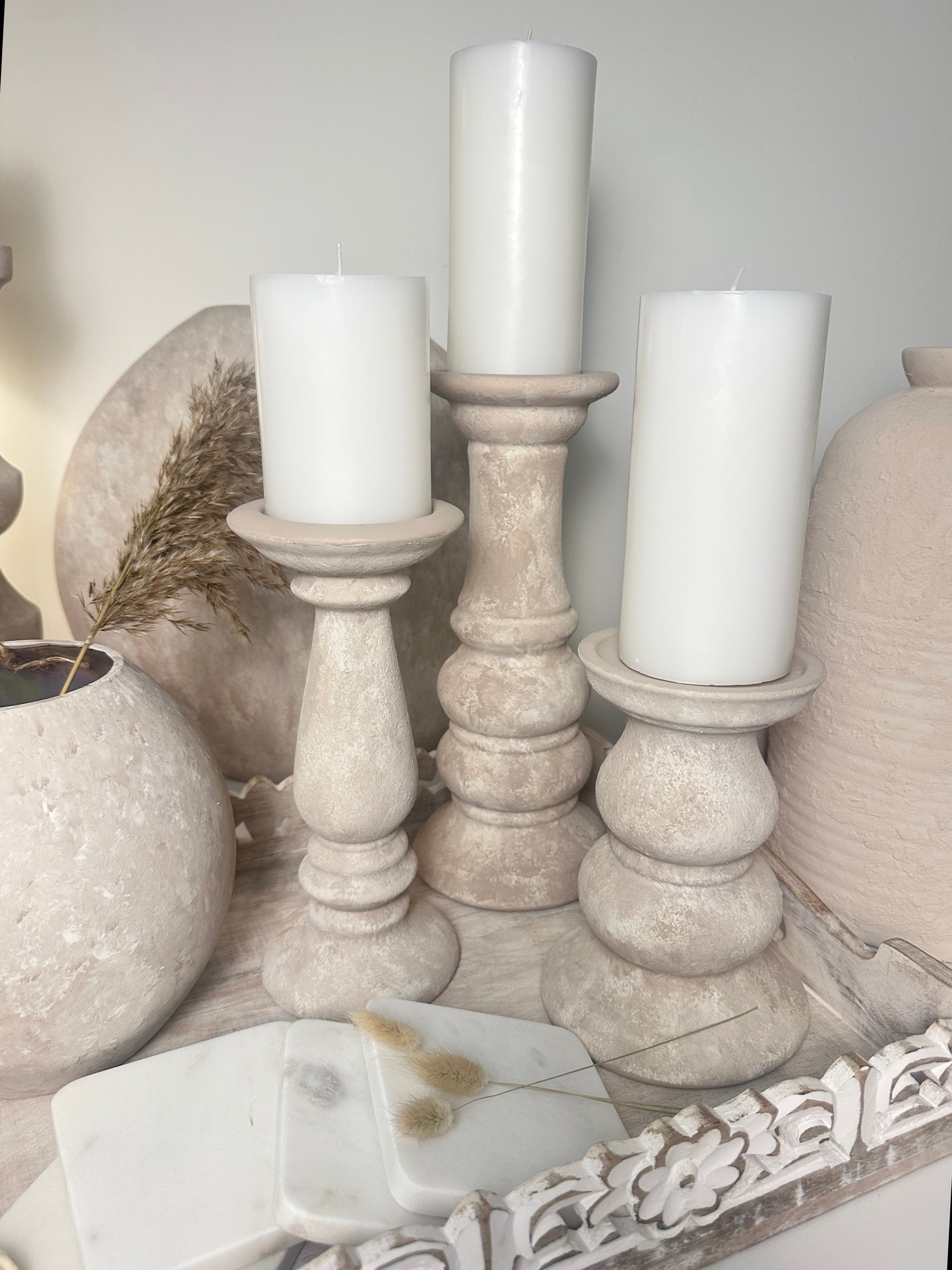 Set of 3 // Modern Ceramic Beige Washed Candle Holders (tall 7", medium 6", small 5")
