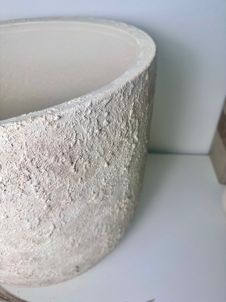 17" tall Minimalist Hand-Painted & Textured Planter Pot with Drainage Hole one time creation - cream sand wash