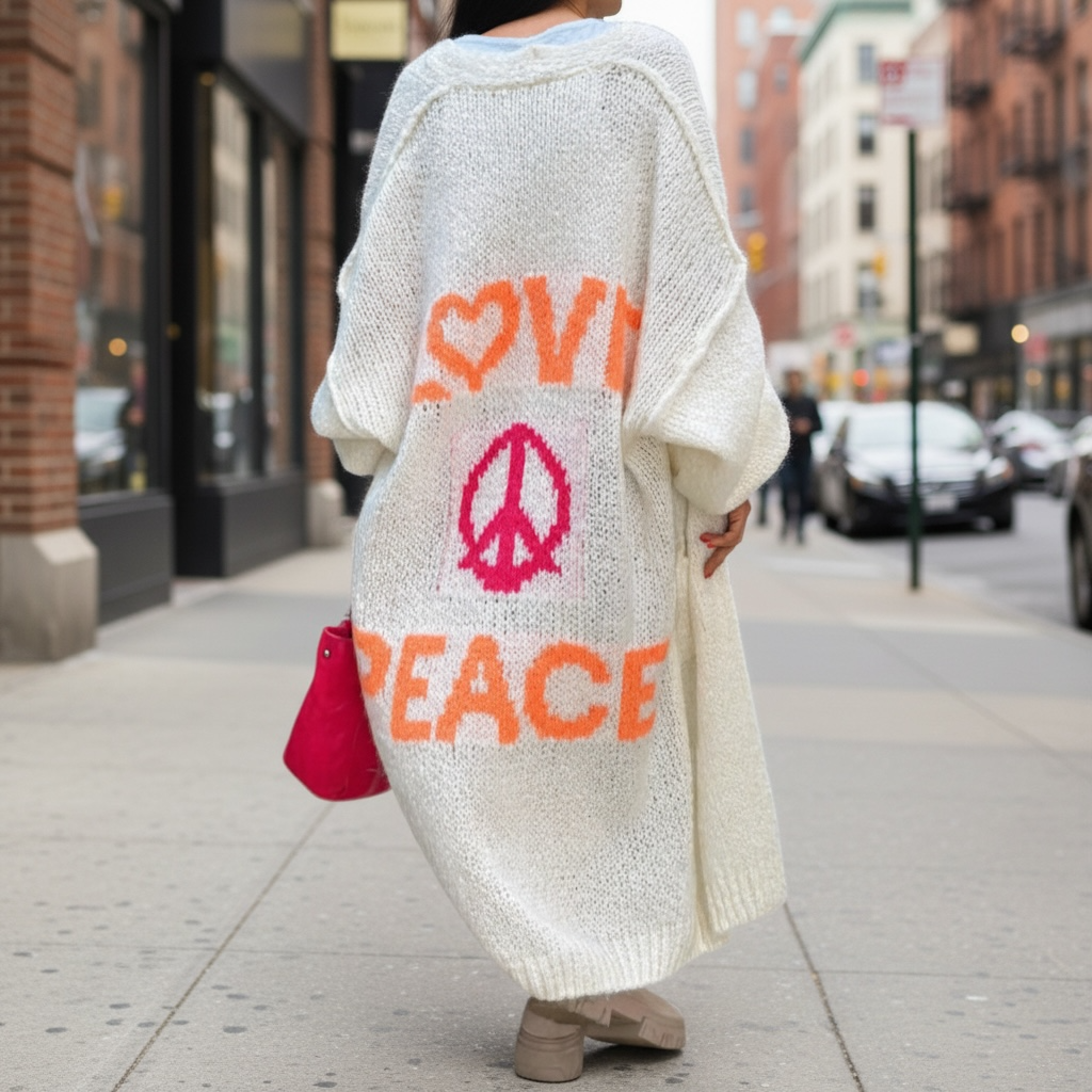 Cozy Women's Love Peace Graphic Oversized Cardigan Sweater Long Sleeve