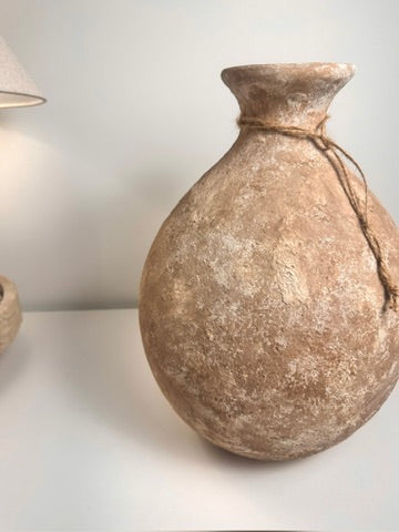 Rustic Hand-Painted Ceramic Round Bottle Vase 15" tall -  Brown Washed