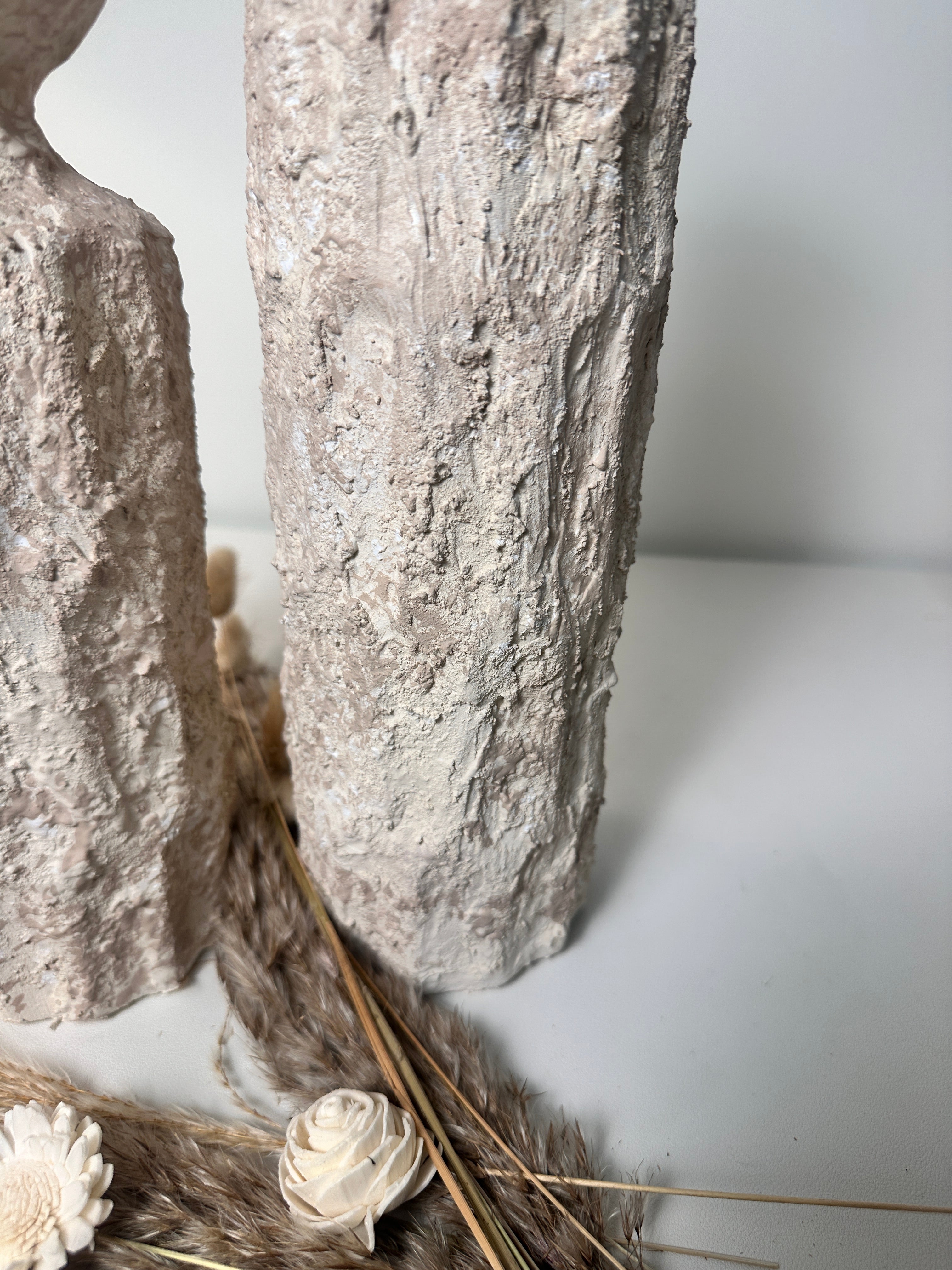 Minimalist Set of 2 Candle Holders Textured Hand-Painted - Cream Sand (10.5x4x4", 13x4x4")